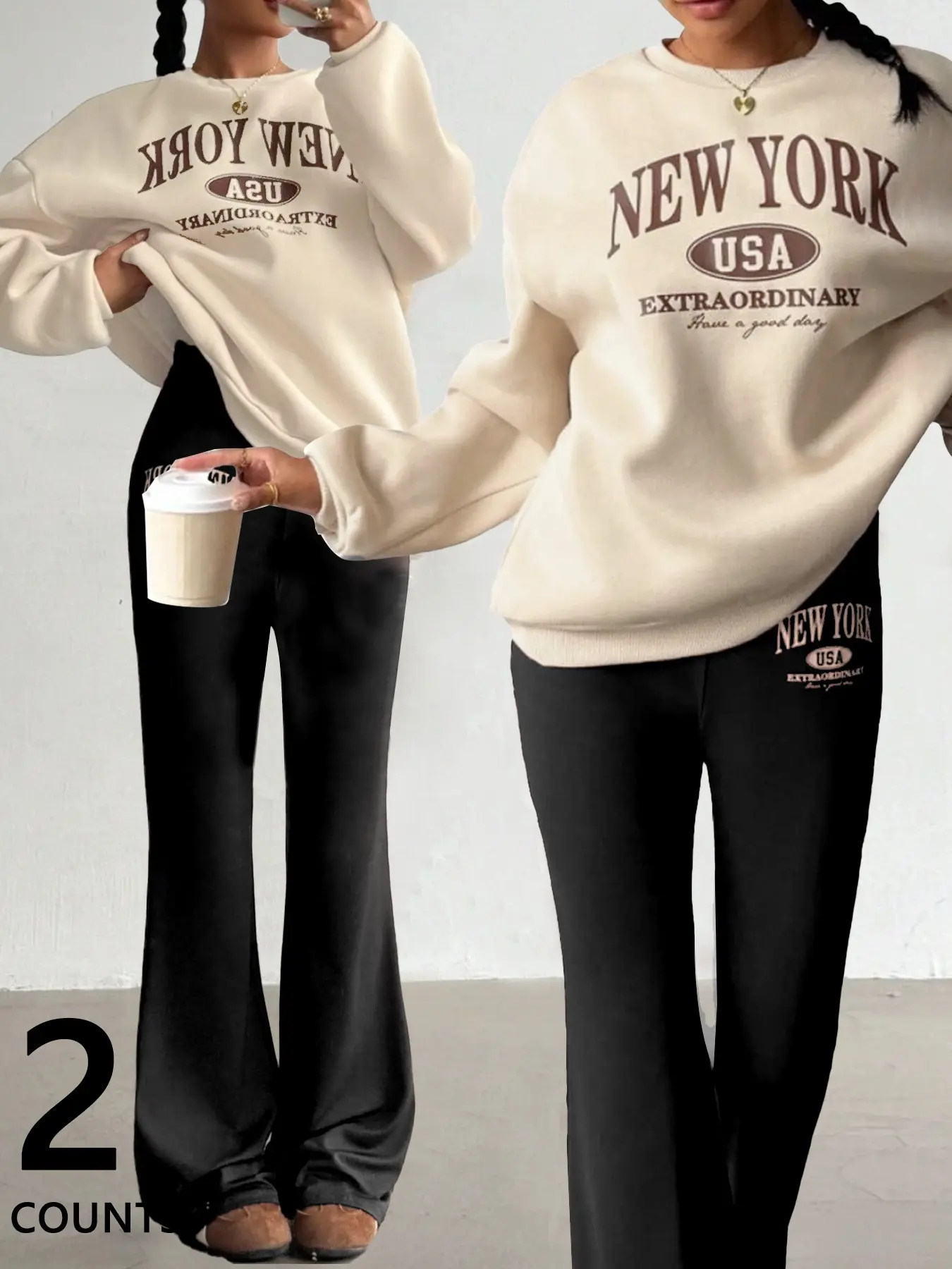 2 pac Women New York USA Letter Print Tracksuit, Oversized Crewneck Sweatshirt + High Waist Slim Flare Leggings Vintage Casual Set For Daily Loungewear Streetwear  Back-to-school season