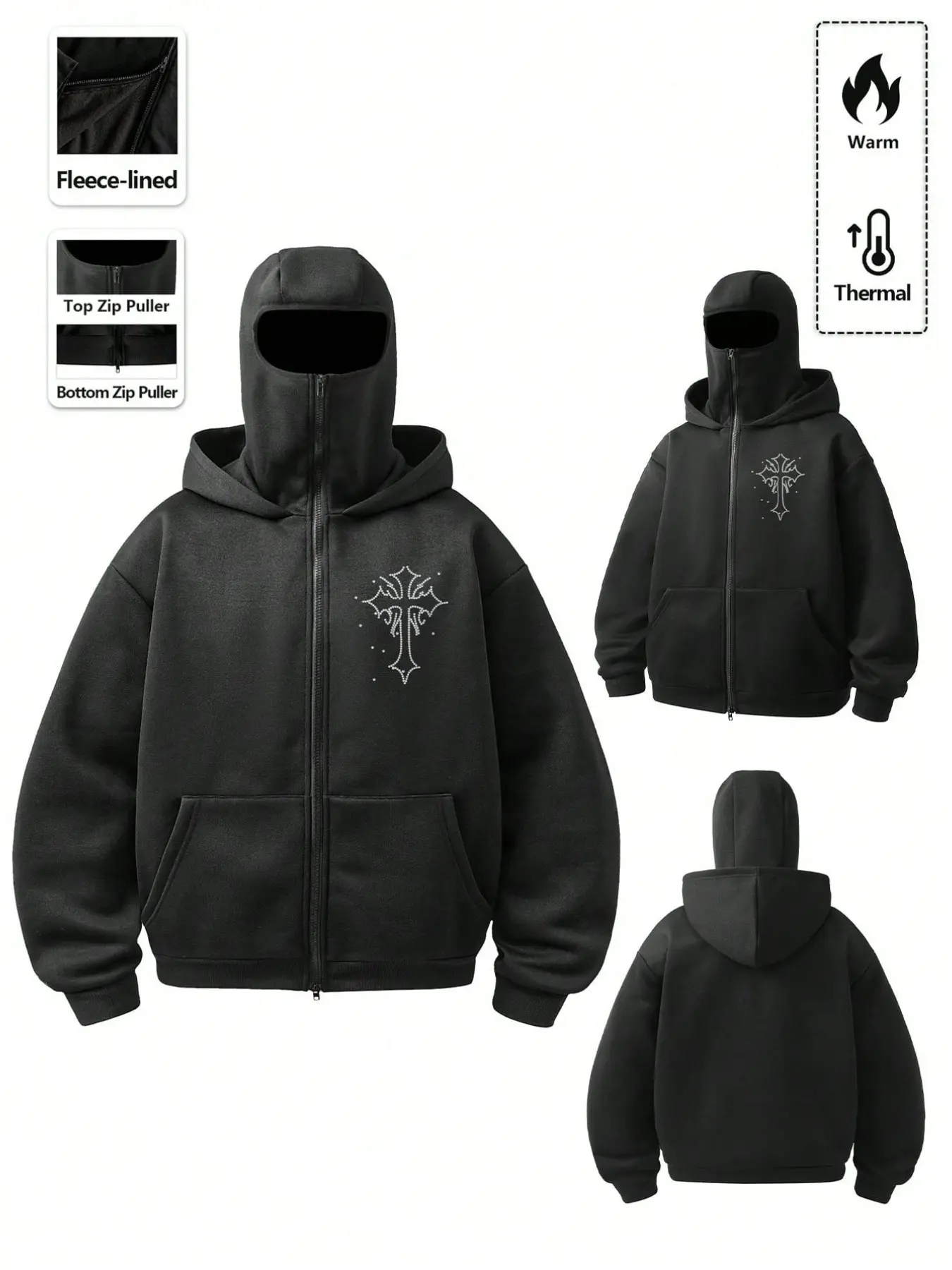 Y2K Men's Hooded Double-Layer Long Sleeve Zip-Up Hoodie, Casual Streetwear, Comfortable Dual-Zip Design, Perfect Gift for Him