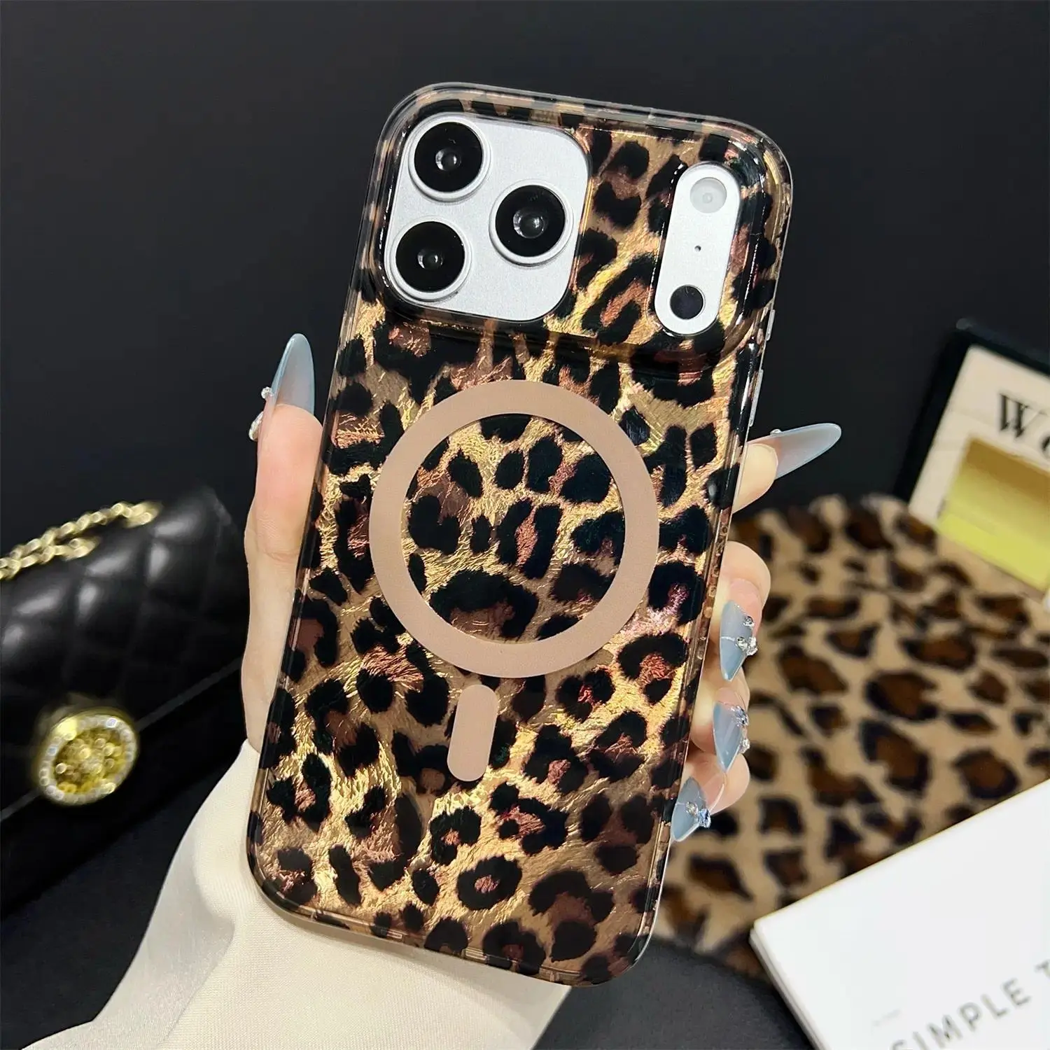 Luxury Sparkle Leopard Print Magnetic Case - Glossy Cheetah Animal Pattern Cover, Shockproof Protective Phone Shell For iPhone 17 Pro Max 16 15 14 13 12 Pro Max Pro Plus