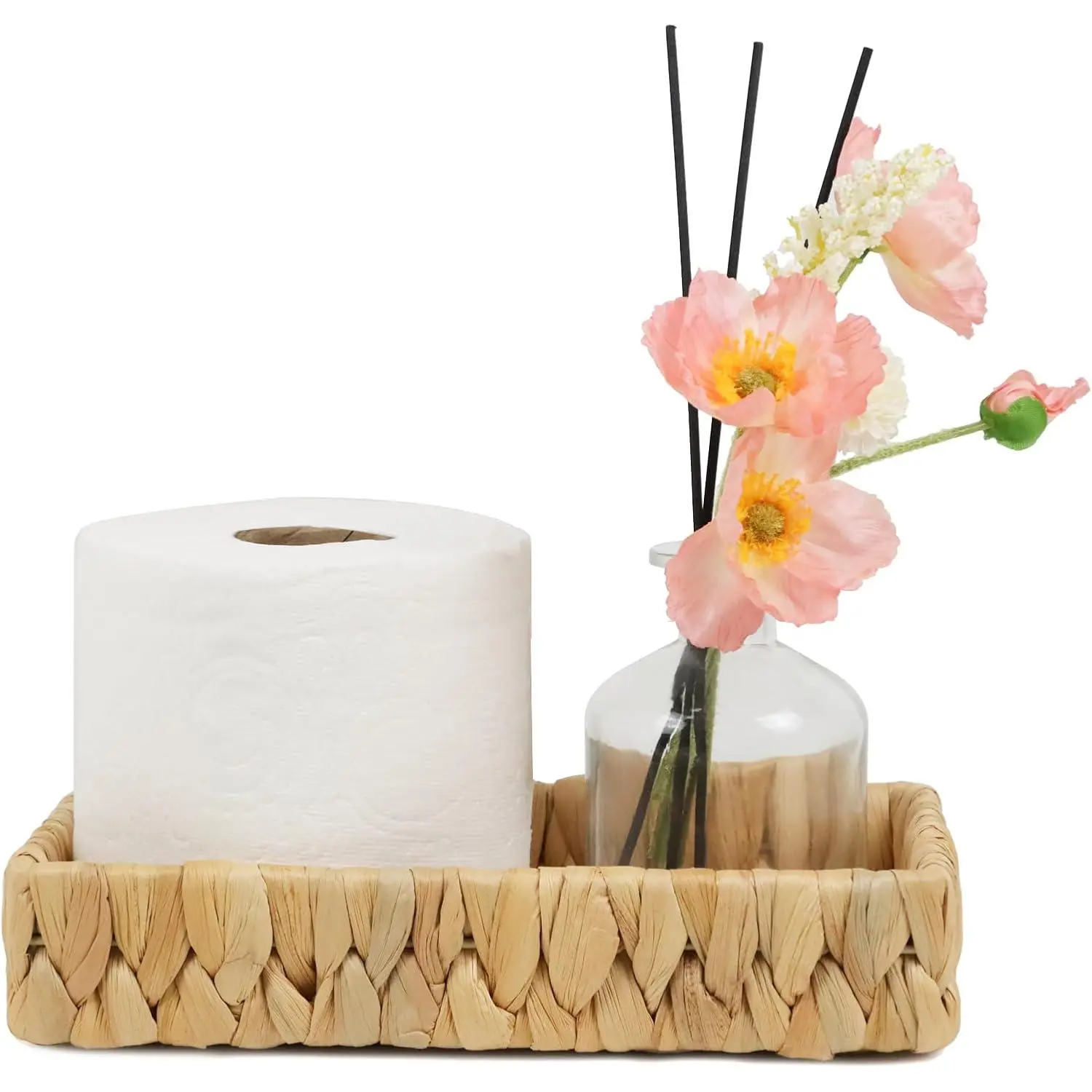Water Hyacinth Bathroom  Tray, 10 Inch | Toilet  Basket, Bathroom Counter Organizer, Small Wicker Tray, Toiletry Storage, Coffee Table Decor