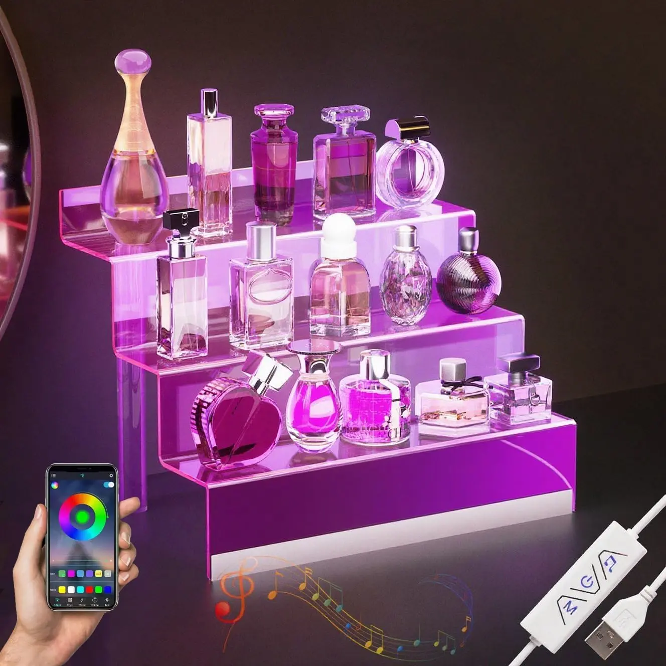12"  Display Organizer with LED, Perfume Organizer for Women | 3-Tier Cologne Organizer for Men, Perfume Stand and Display Step Shelves Holder, Clear Riser, Figures Stand, Dessert Shelf