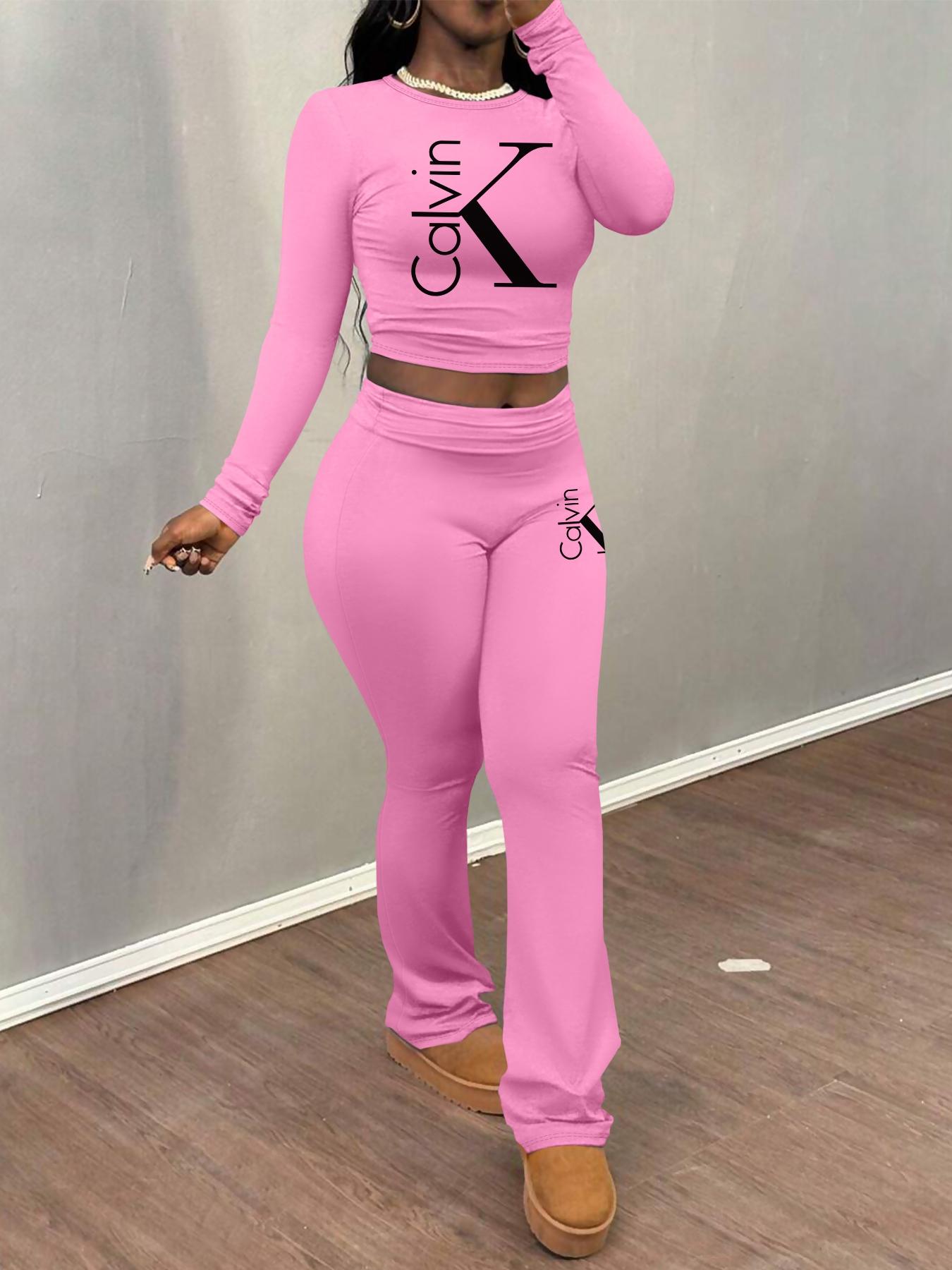 Cakvin Letter printing Women's Letter Print Long Sleeve Crop Tee & Plain Flare Leg Pants Two-Piece Set, Casual Fashion Cozy Round Neck Top & Bell Bottom Trousers for Daily Outdoor Wear, Women's Clothing for Fall & Winter
