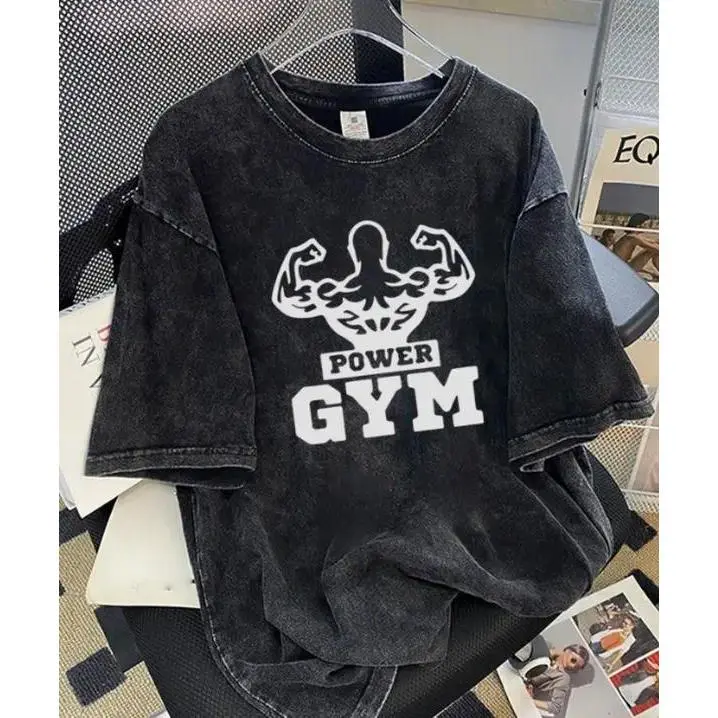 Men's Bodybuilder Retro Tee - 230G Heavyweight Cotton Loose Fit Streetwear, S/3XL/4XL/5XL, All Seasons Daily Casual Gym Essential Gift, Faded Print, Distressed, Breathable, Athletic, Relaxed, Crew Neck, Loose-Fitting, Machine Washable