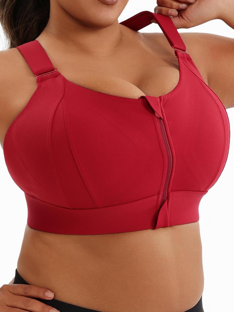 【Plus Size】 Criss Cross Zipper Front Wireless Sports Bra, Solid Adjustable Strap High Stretch Yoga Bra, Women's Sport Clothing for Indoor Outdoor Wear