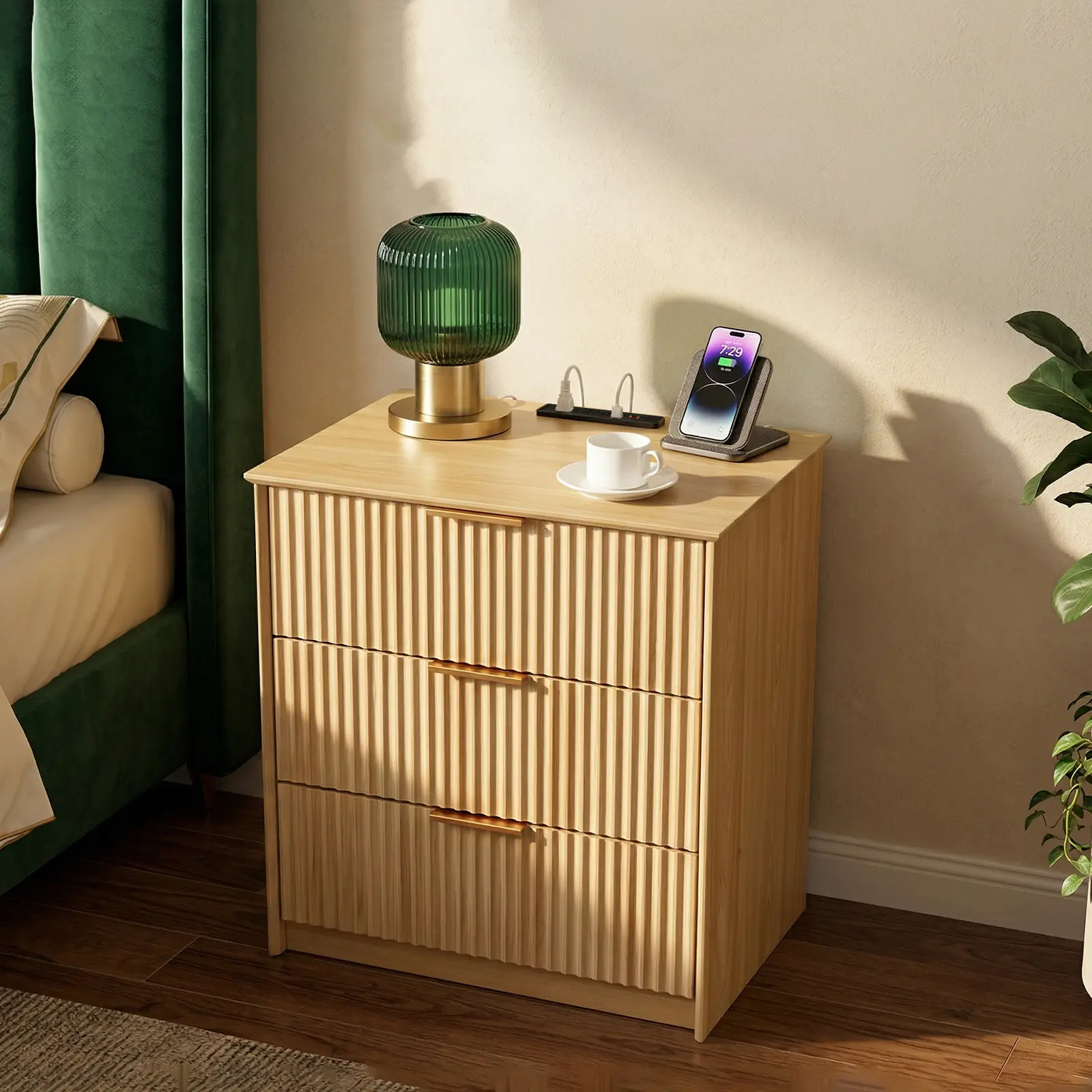 Fluted 3-Drawer Bedside Cabinet with Charging Station, Mid‑Century Modern Chest of Drawers Night Stand, 23.6" W Natural Wood Bedside Table with 3 Drawers, End Table for Bedroom Living Room Reading(1pcs)