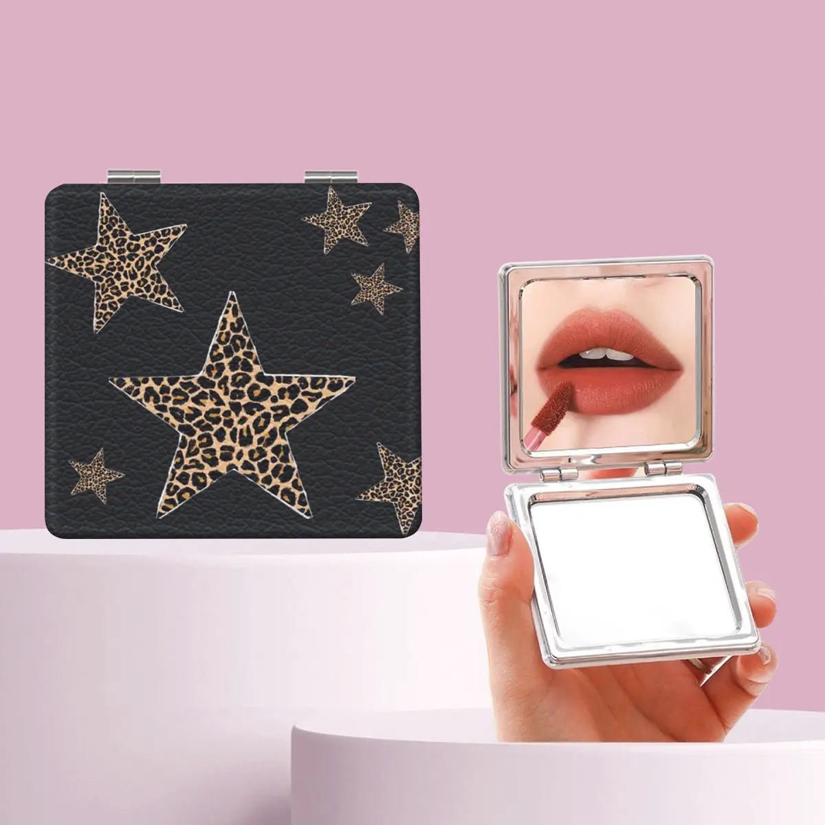 Millennium Y2K Leopard Print Star Travel Makeup Mirror, Cosmetic Mirror, Portable Folding Mini Handheld Mirror, Foldable Mirror, Perfect Gift for All Occasions