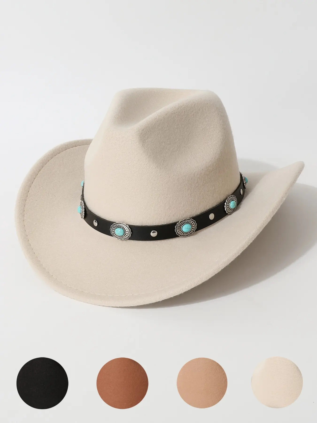 Women's Cowboy Hat, Cowgirl Hat, Boho Turquoise Rivet Fedora, Vintage Metal Flower Embellishment, Perfect for Coachella, Road Trip, Camping