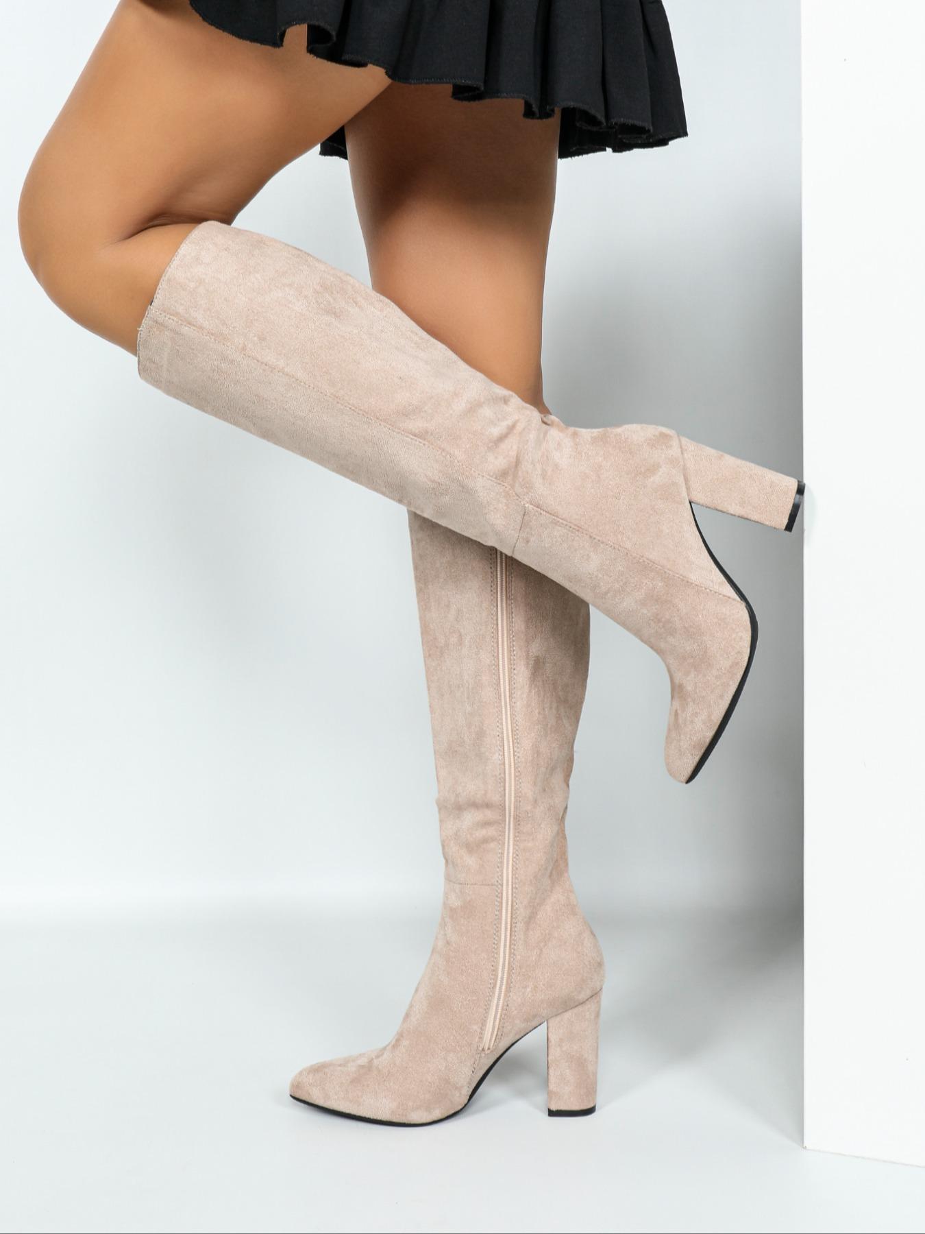 Women's Fall Fashion Pointed Toe High Heel Boots, Elegant Side Zipper Knee-High Shoes, Comfortable Autumn Winter Footwear, Pointed Toes Boots