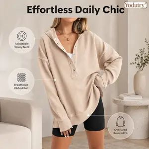 Yodutry Women's Oversized Long Sleeve Sweatshirt Button Down V Neck Hoodie Side Slit Casual Pullover Tops Fall Cozy Wardrobe Essentials