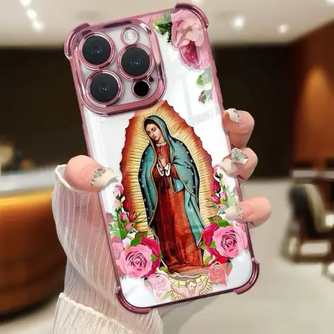 Virgin Mary Flower Pattern Heavy-Duty Shockproof Cellphone Case - TPU Casing, Anti-Fall Corners, Protector for iPhone 11,12,13 Pro,14,15,16,17 Pro Max Handheld Devices, Sturdy Designer Accessory QXA487