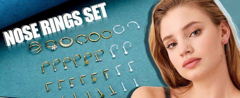 THUNARAZ 32 Pcs Exquisite L Shape Straight Corkscrew Nose Rings Studs for Women Men 18G 20G Hypoallergenic Surgical Stainless Steel Retainer Clear Nose Rings Hoops Cartilage Helix Tragus Piercing Jewelry for Summer Holiday Christmas Gift