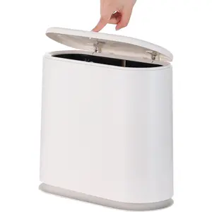White Slim Bathroom Trash Can with Press Top Lid,12 Liter Small Thin Garbage Can,3.17 Gallon Narrow Dog Proof Plastic Waste Basket and Covered Wastebasket for Room,Bedroom,Kitchen,Toilet,Office,Dorm