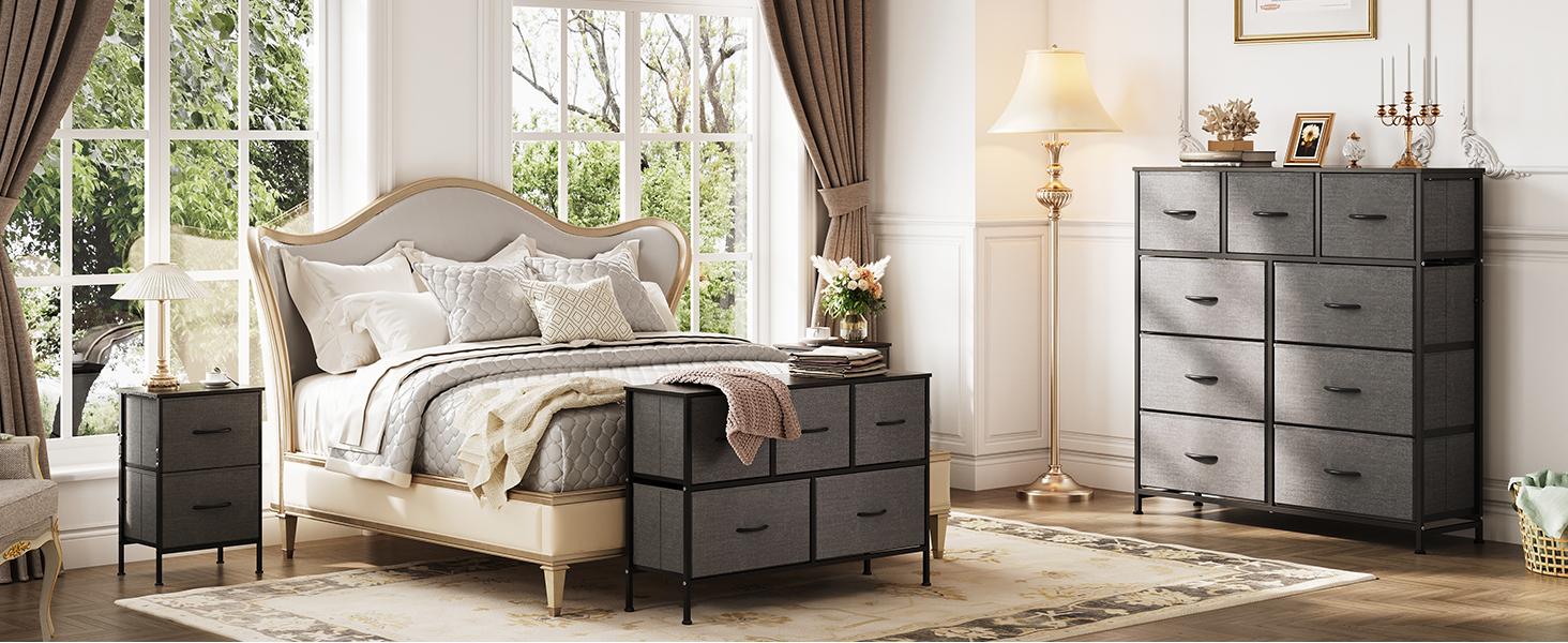 9-Drawer Dresser, Fabric Storage Tower for Bedroom, Hallway, Entryway, Closet, Tall Chest Organizer Unit with Fabric Bins, Steel Frame, Wood Top, Easy Pull Handle, Dark Grey