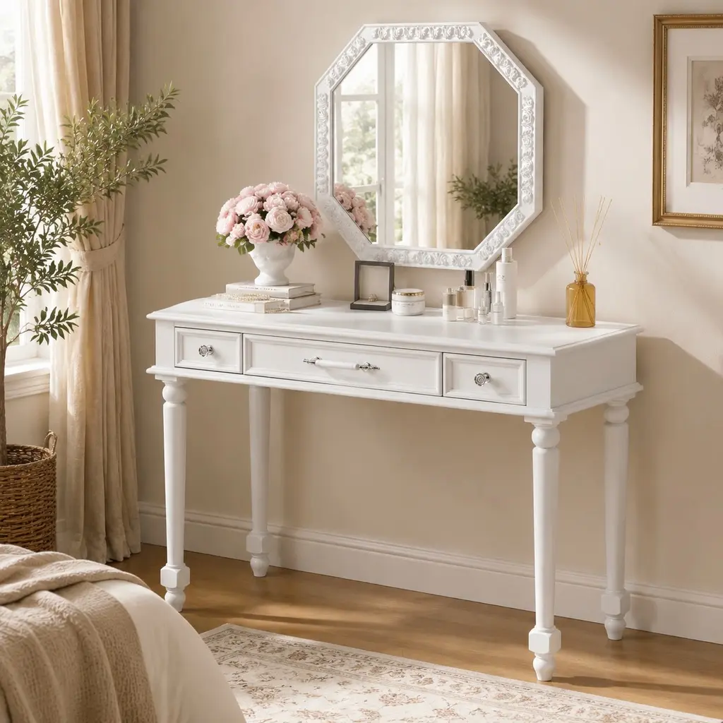 Vintage Retro Vanity Desk with Large Octagon Mirror, 3-Drawer Arch Dressing Table with Floral Accents and Solid Legs, Elegant Console Table for Bedroom and Living Room, White