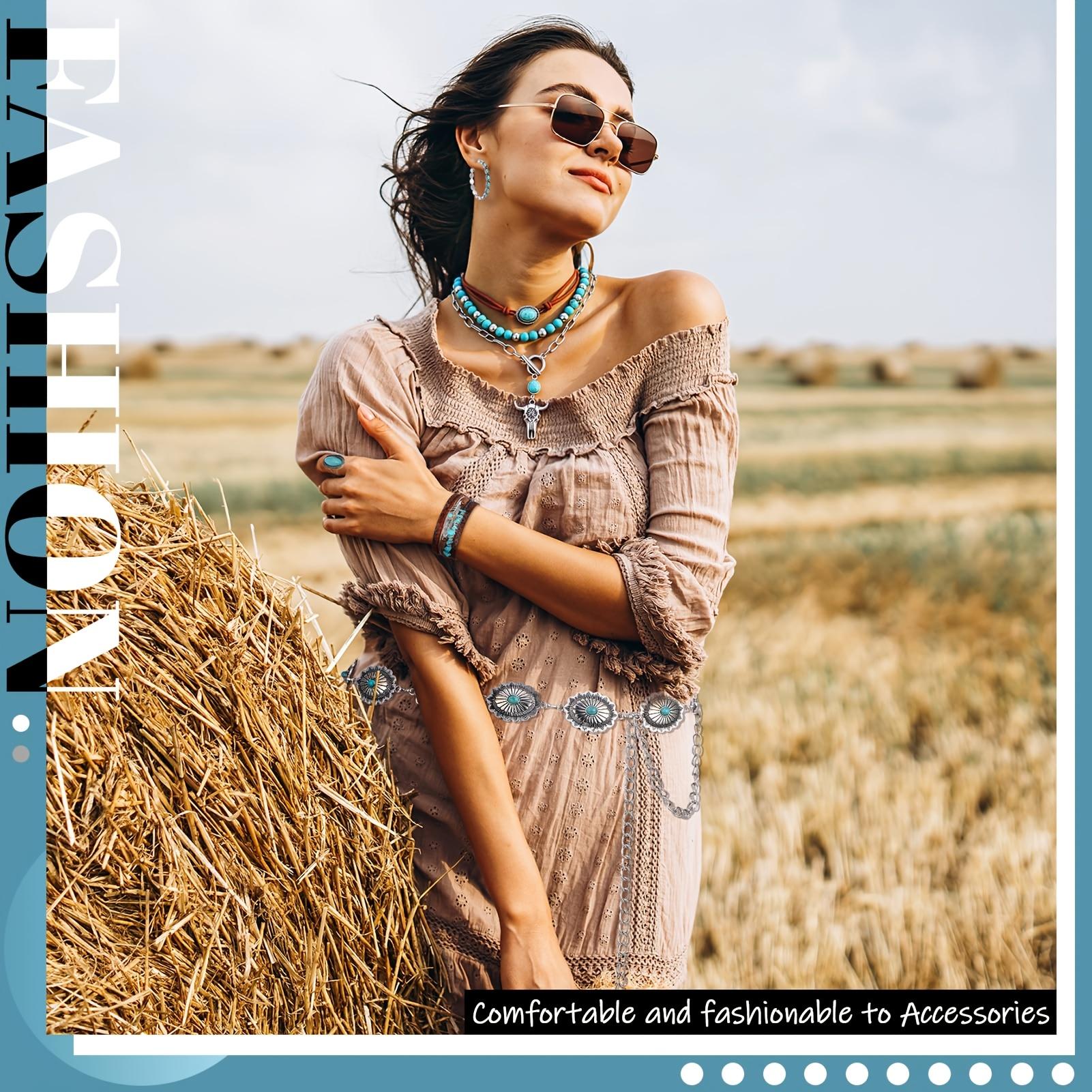 Western Jewelry Set - Boho Turquoise Dangle Earrings, Necklace, Bracelet, Ring with Concho Belt for Women |   Vintage Style, Silver Plated, Artificial Crystal, Copper, Ideal for Gift-Giving and Party Occasions, All Seasons