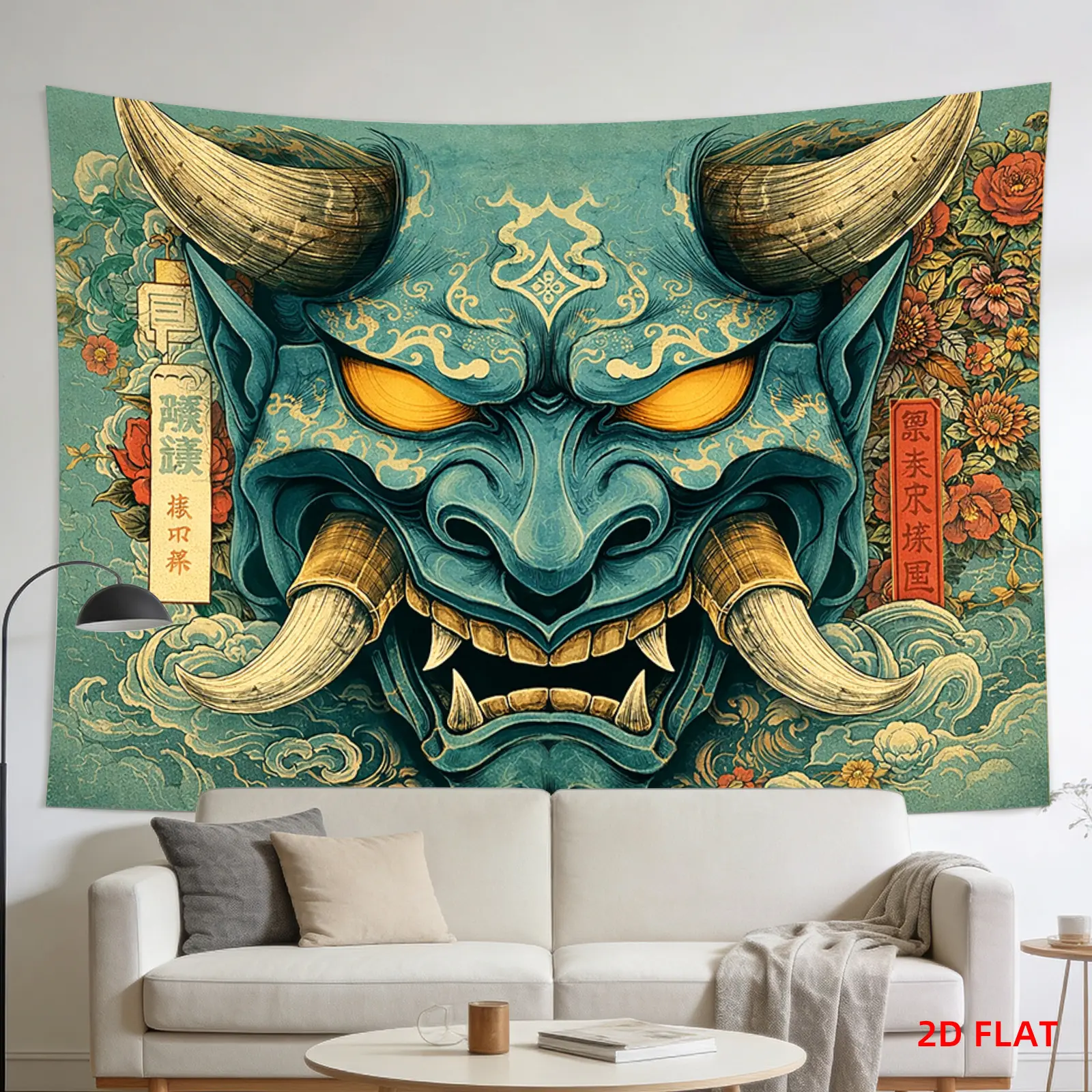 Blue Oni Mask Tapestry, Asian Art, Demon, Horns, Tusks., Room Wall Decoration, Non-luminous, Suitable for, Living Room, Meditation, Office, Party Decoration