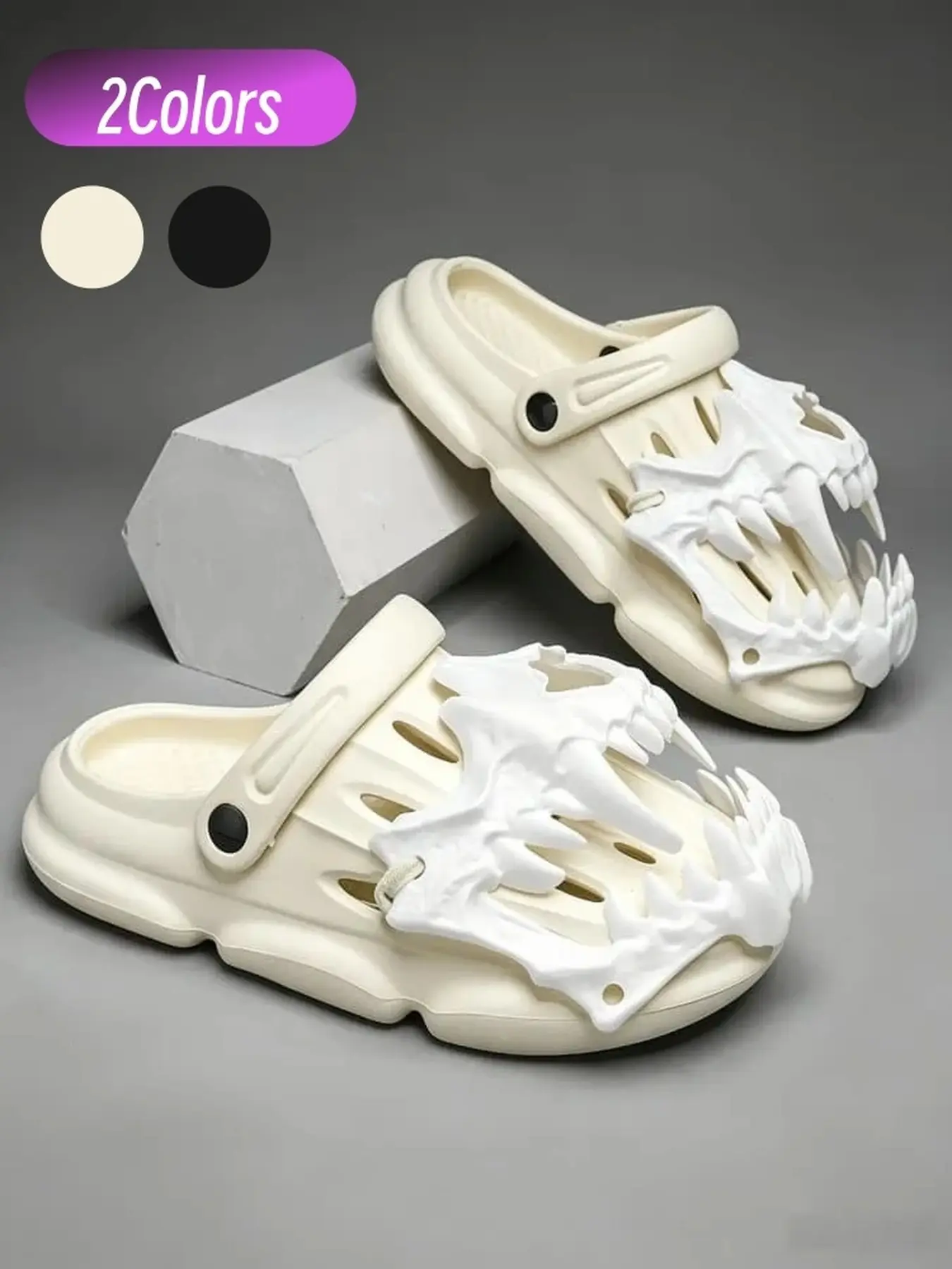 Thick Sole Comfort Men Alien Clog Slides Dinosaur Skull Personality Design Adjustable Heel Strap Anti-slip Wear-resistant Two Colors Optional Slippers For Street Home & Outdoor