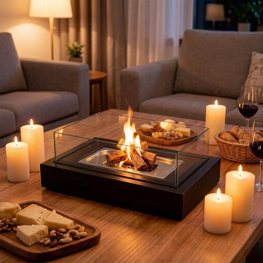 Ventless Smokeless Tabletop Fireplace Portable Concrete & Metal Fire Pit with Glass Shield, Apartment Living Room & Balcony Ambient Lighting