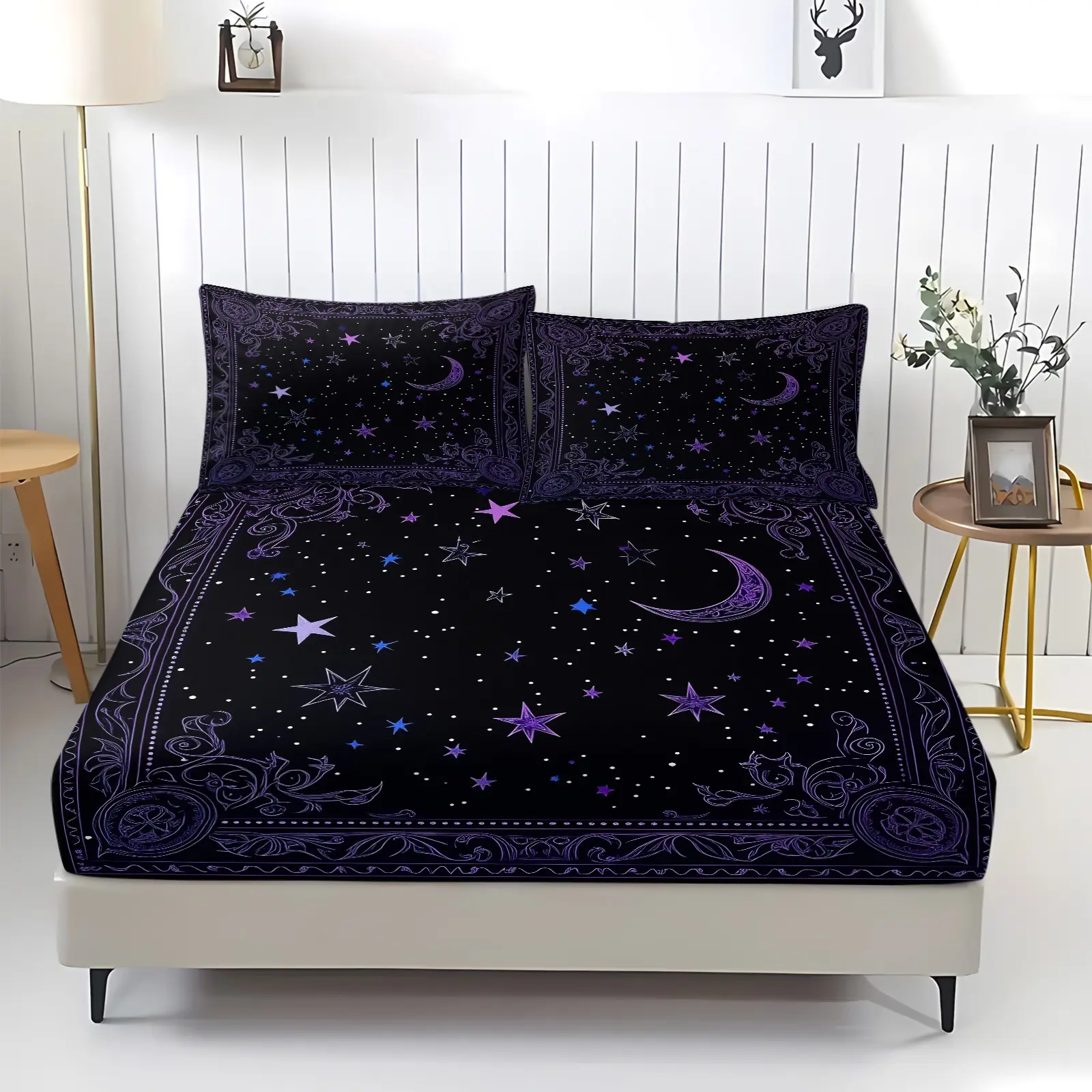 Black Background Purple Moon Star Print Fitted Sheet Set, 1 Fitted Sheet + 2 Pillowcases, Soft Breathable Skin-Friendly Bedding, Printed Bedding Set, All Season Use, Deep Pocket Non-Slip Mattress Protector, Bedroom Kids Room Exclusive Decor
