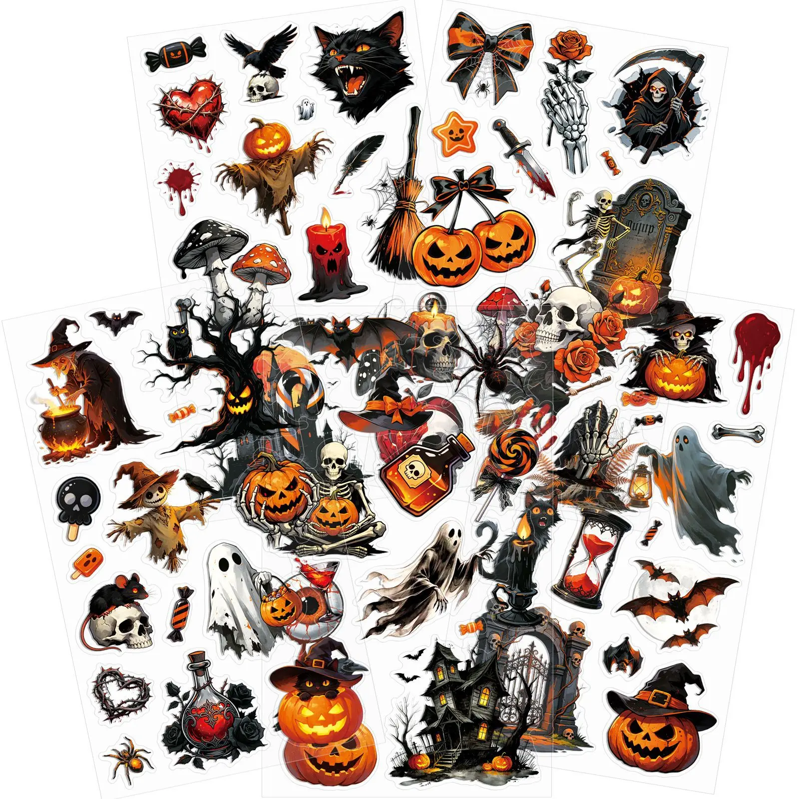 5 Sheets Spooky Halloween Stickers, Pumpkin Ghost Holiday Decorative Designs for Journal, Scrapbook, Planner, Card Making, DIY Crafts