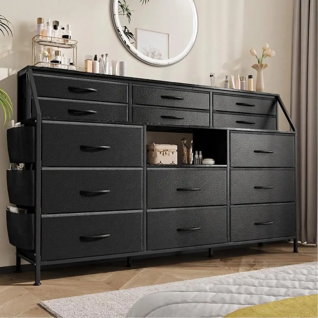 Garvee 55-Inch Wide Bedroom Dresser with 14 Drawers, Fabric and Wood Top, Side Pocket, Sturdy Frame, and Shelved Drawers for Organized Storage