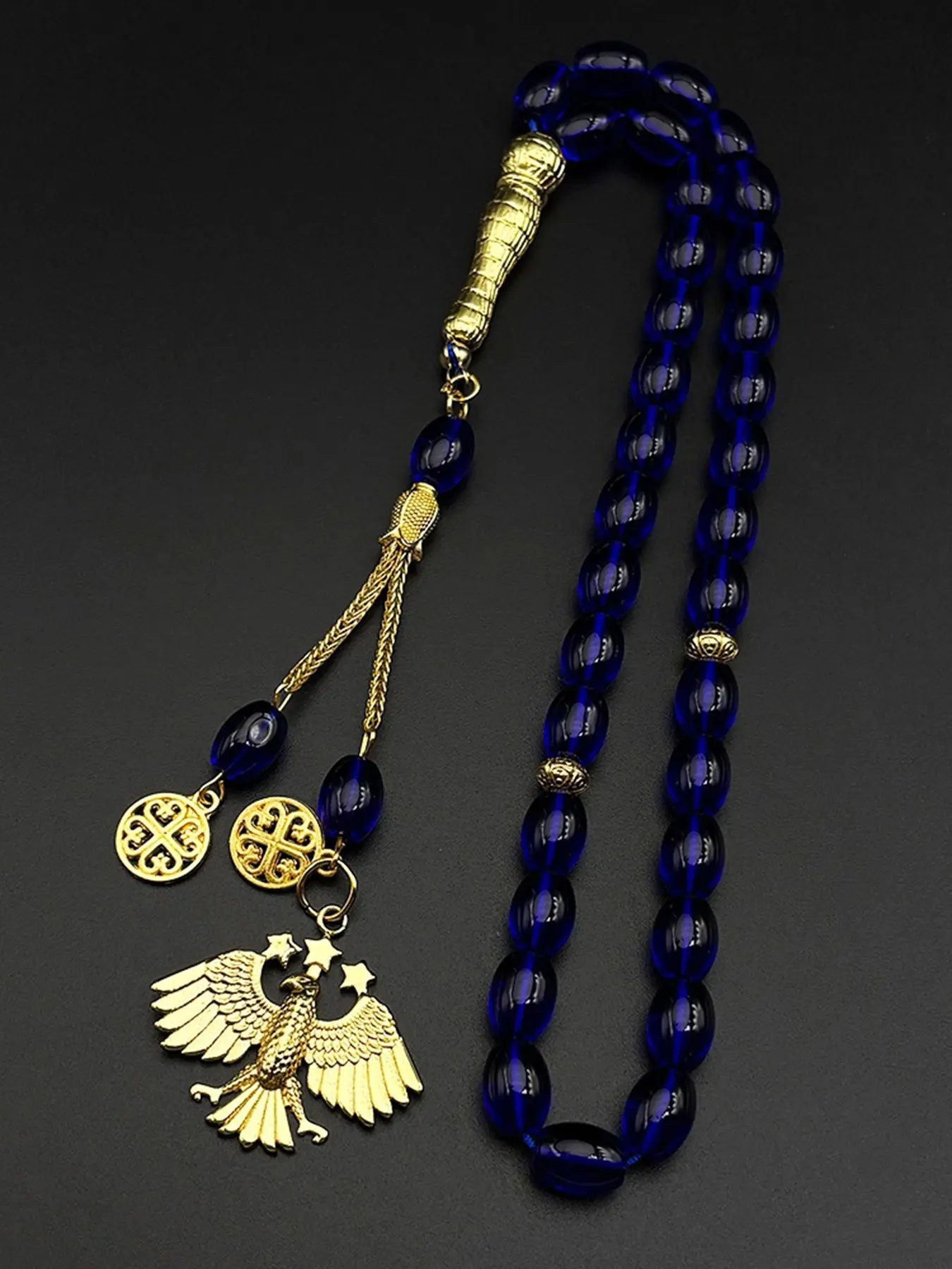 Syrian National Emblem Symbol Eagle Stars Car Pendant Stainless Steel Syria Blue Glass Oval Tasbih Prayer Beads Chain Jewelry