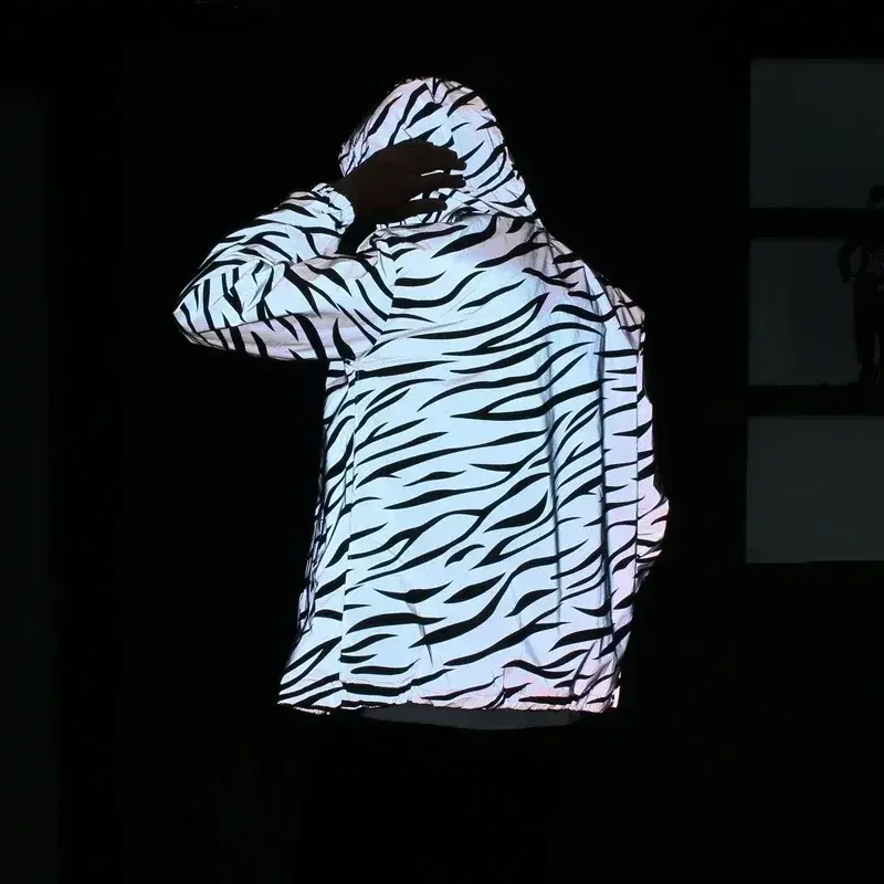 Men's Reflective Windbreaker Jacket: Waterproof Hoodie with Night Shining Leopard & Zebra Prints | Streetwear & Hip Hop Style