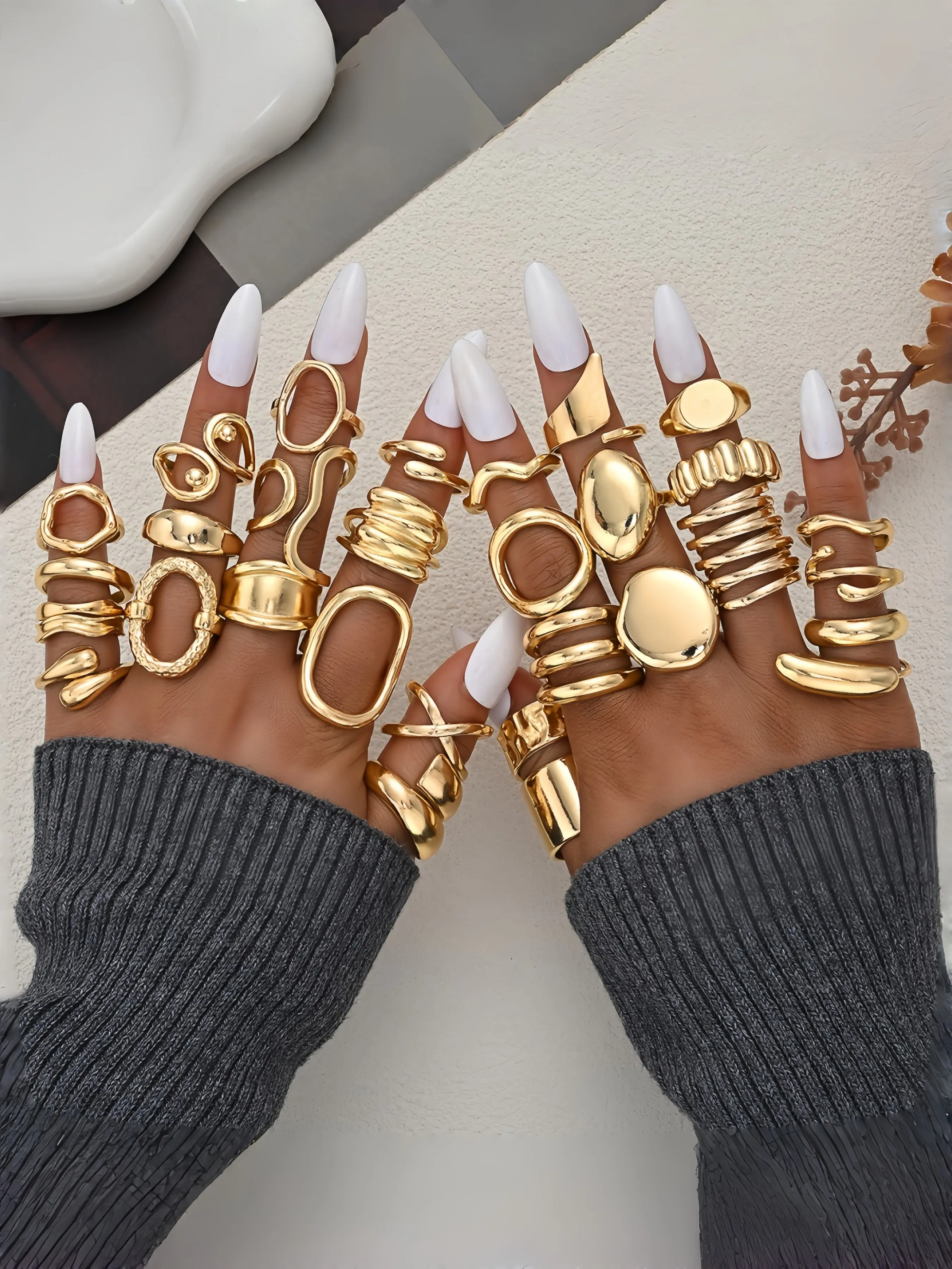 Irregular Arc Ring Set 30 Pieces, Exaggerated Geometric Vintage Luxury Jewelry Kit for Women, Ax073 Handmade Accessories Collection