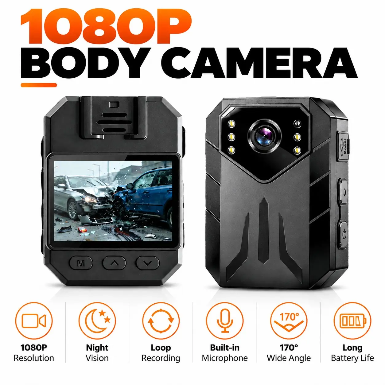 1080P Wearable Body Camera, Hands-Free Police Camcorder, Panoramic Night Vision, 1800mah Battery, Dvr Loop Recording, Wearable Video Recording, Ideal for Vlogging, Cycling, Travel