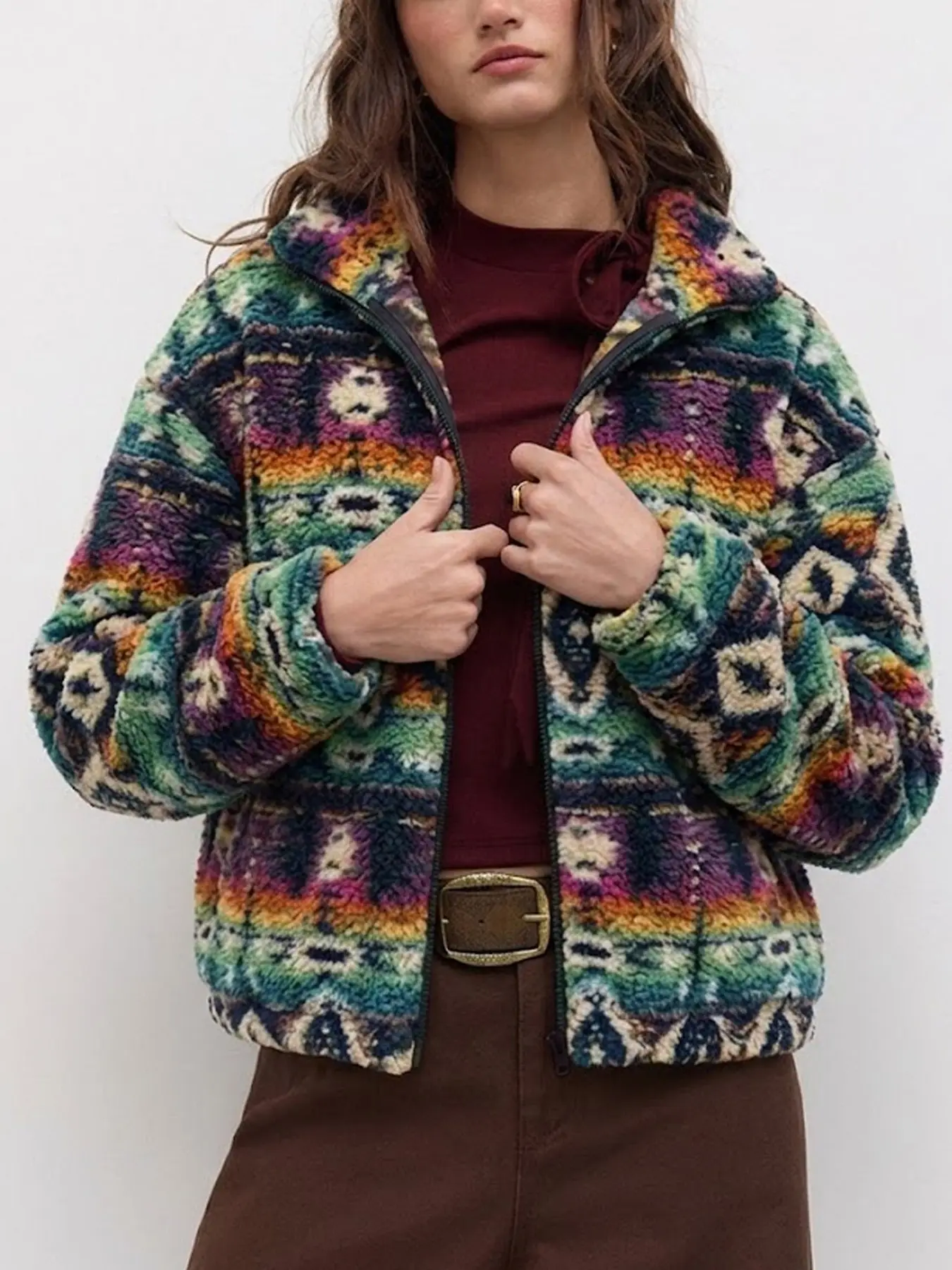 Women's Loose-Fit Bohemian Fleece Jacket, Zipper Front, All-Over Print, Casual Outerwear for Fall & Winter, Comfortable and Stylish