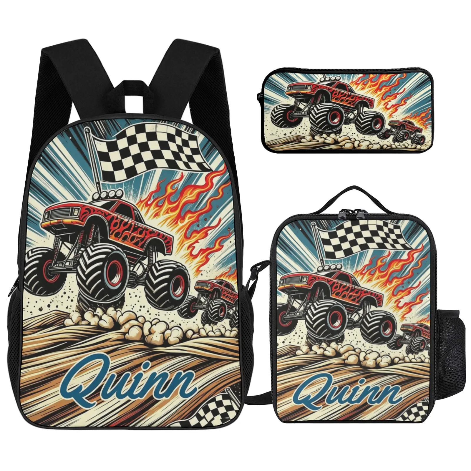 Backpack Red Monster Truck Schoolbag Custom for Boy Bookbag and Lunchbox Lunch Bag Pencil Case Personalized Set Back to School Bag with Name