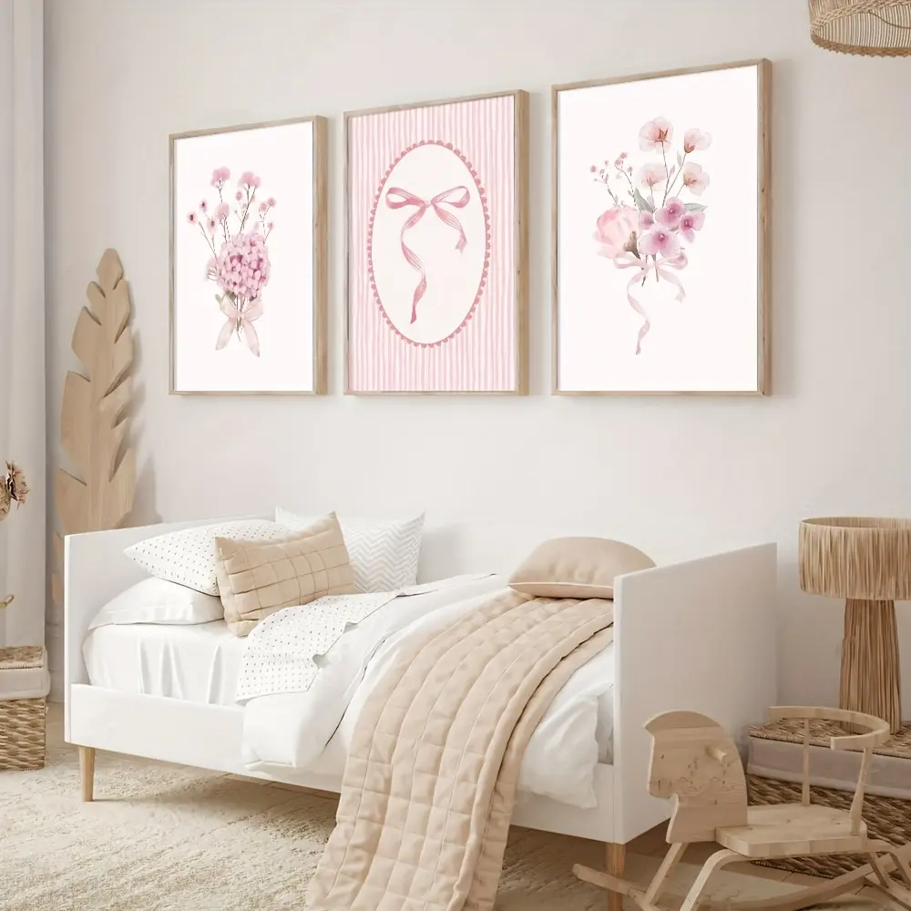 3Pcs 08x12inch(20x30cm) Frameless Artistic Floral Motif Flower Posters - Pink Bow Plants Print, Minimalist Coquette Aesthetic Decor, Modern Kid Room Home Supplies