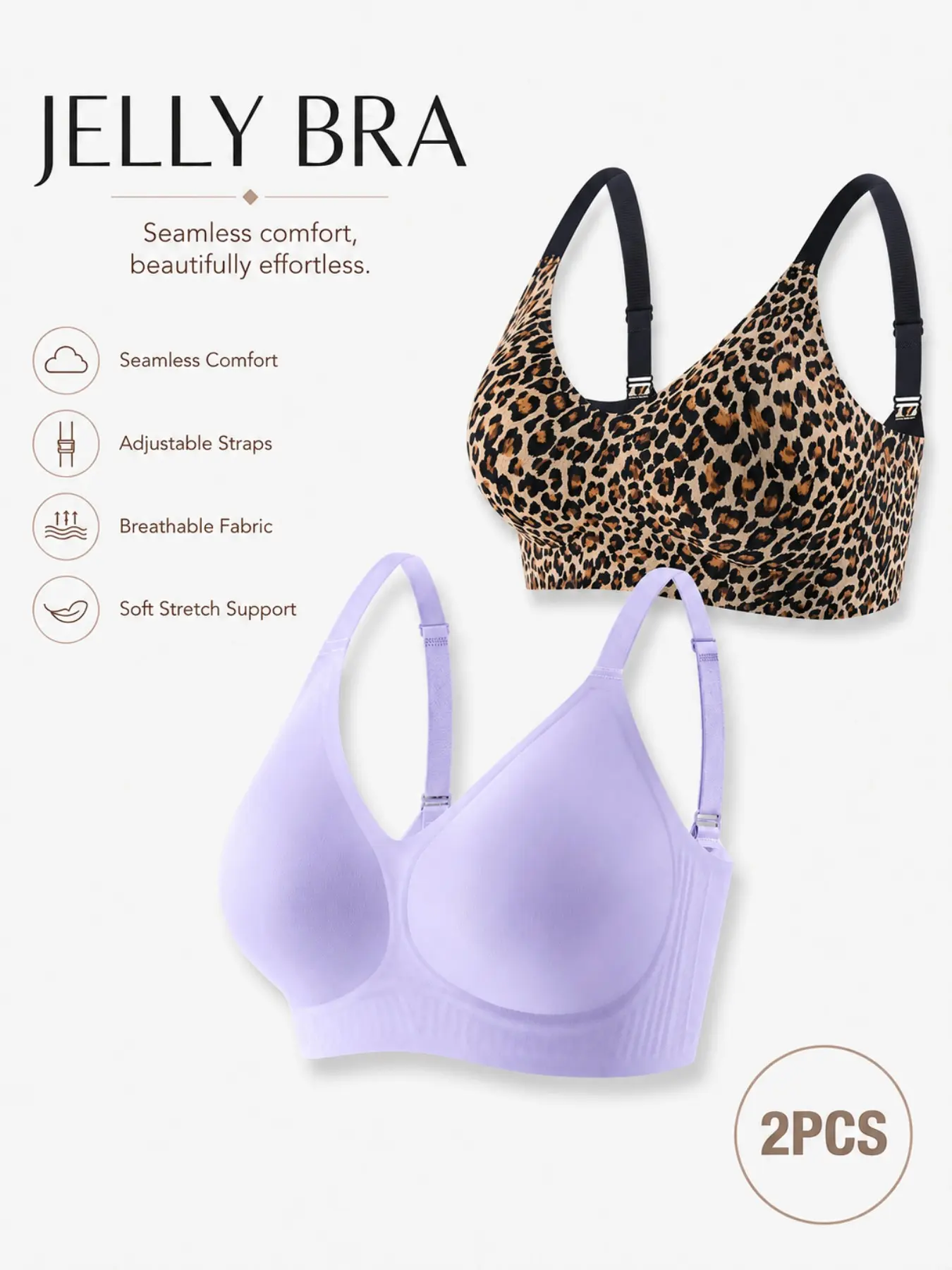 1/2/3 PCS Women’s Seamless Wireless Jelly Bras, Soft Stretch Full Coverage Comfort Bra with Adjustable Straps, Breathable Everyday Support for Work, Travel and Daily Wear
