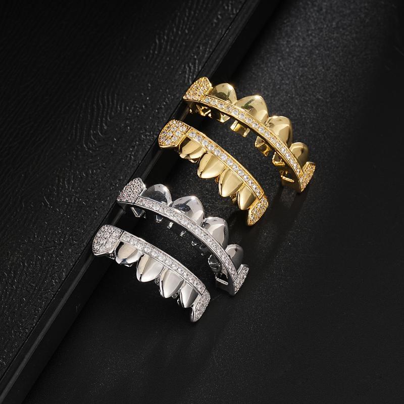 Iced Out CZ Mens Teeth Grills 2pcs Set - Golden Color Plated Grillz for Men - Fashionable & Eye-Catching - Perfect Gift for Hip-Hop Lovers Oral