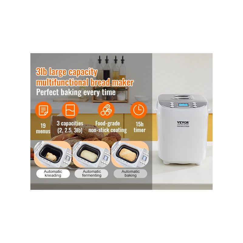 VEVOR Bread Maker, 15-in-1 3LB Dough Machine, Nonstick Ceramic Pan Automatic Breadmaker with Gluten Free Setting, Whole Wheat Bread Making, Digital, Programmable, 3 Loaf Sizes, 3 Crust Colors, White VEVOR Bread Maker, 15-in-1 3LB Dough Machine, Nonstick Ceramic Pan Automatic Breadmaker with Gluten Free Setting, Whole Wheat Bread Making, Digital, Programmable, 3 Loaf Sizes, 3 Crust Colors, White