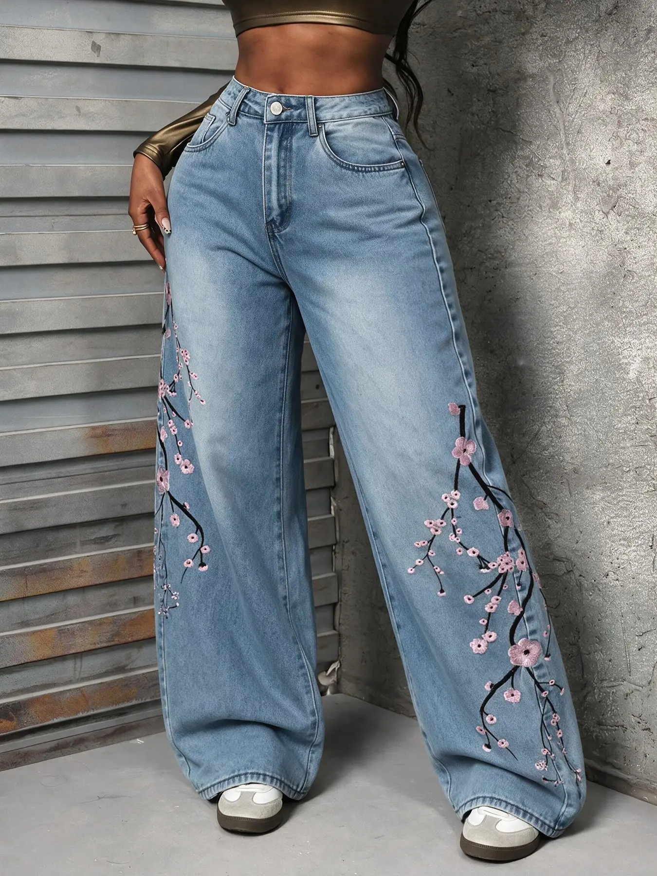 High Waisted Wide Leg Jeans Women Light Wash Embroidered Floral Detail Loose Fit Palazzo Puddle Jeans Y2K Aesthetic Korean Style Elegant Feminine Chic Casual Everyday Going Out Date Night Brunch Weekend Holiday Party Lounging Night Out Work Outfit (Exclud