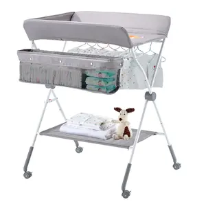 VEVOR Baby Changing Table, Foldable Diaper Change Station with Side Basket, Adjustable Height Portable Changing Table with Lockable Wheels, Multi-Functional Storage Organizer Nursery, Light Gray
