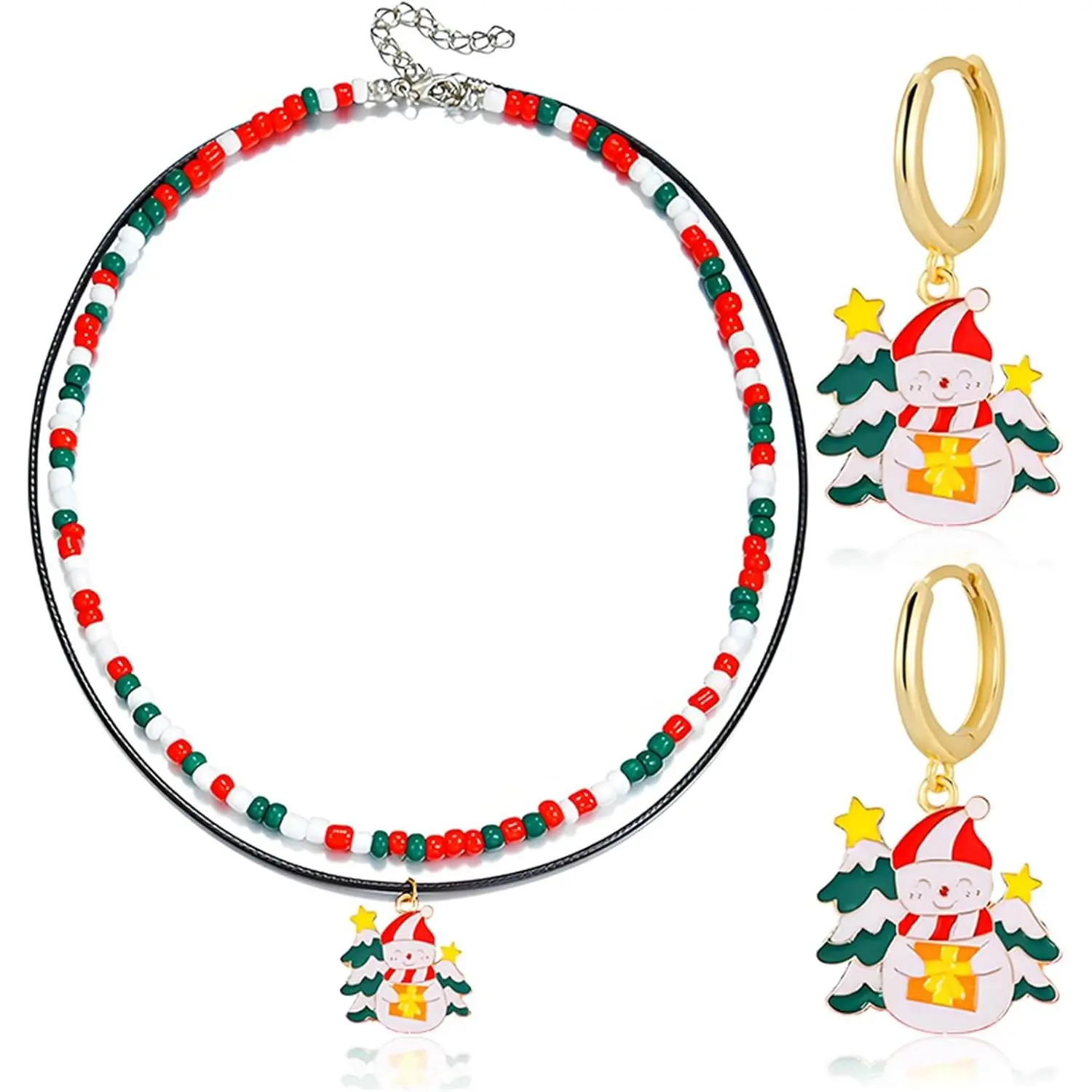 Christmas Colorful Beaded Necklace and Earring Set for Women  Charms Red Green Enamel Earrings Bells Snowflake Light Double Layer Choker Winter Holiday Xmas Gifts