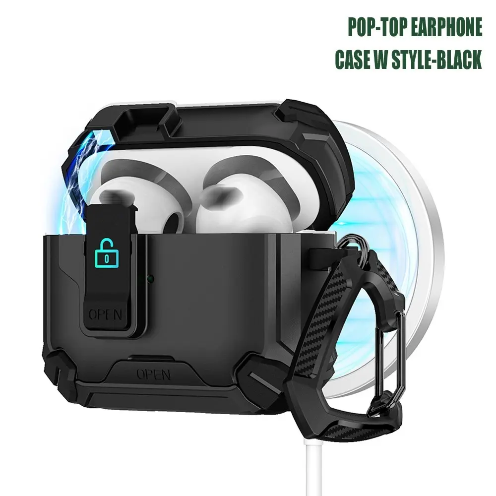 Military Grade Rugged Earbuds Case with Lock Buckle, Magnetic Wireless Charging, Foldable Phone Stand & Carabiner Shockproof Protective Cover