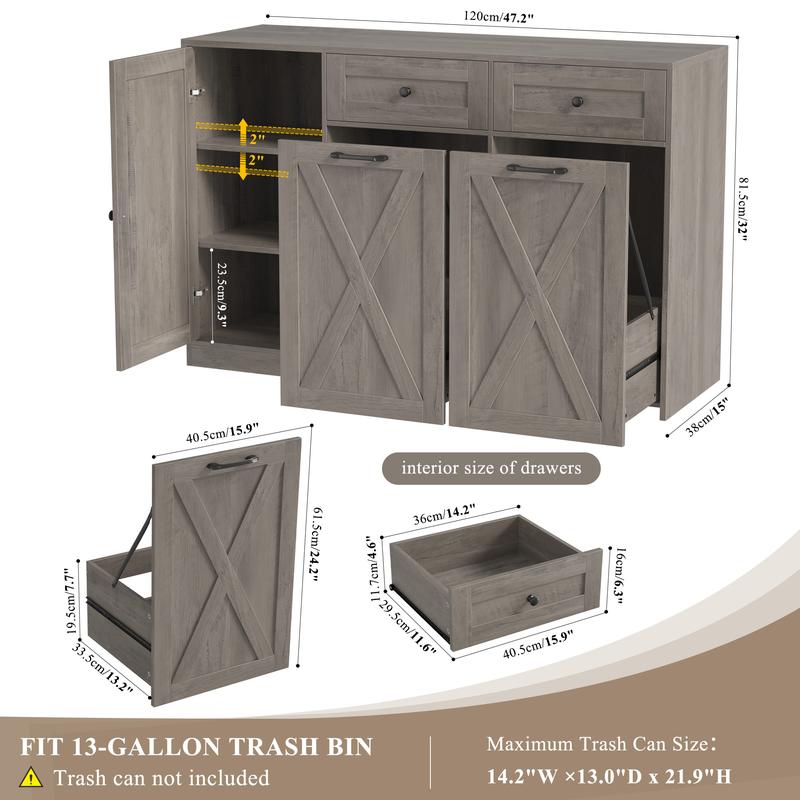 HOSTACK 12.5 Gallon Kitchen Trash Cabinet, 47" Double Trash Can Cabinet, Large Pull Out Can Storage Drawers, Wood Farmhouse Hidden Garbage Storage Buffet for Kitchen, Trash can not included