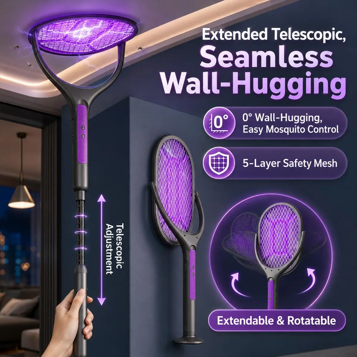Rechargeable Electric Fly Swatter Bug Zapper, 2-in-1 Telescopic Mosquito Killer Racket with 90 Degree Rotating Head, UV Light Attractant, Type-C Charging, 5-Layer Safety Mesh, Extended Reach Handle for Indoor Outdoor Kitchen Bedroom Camping Use