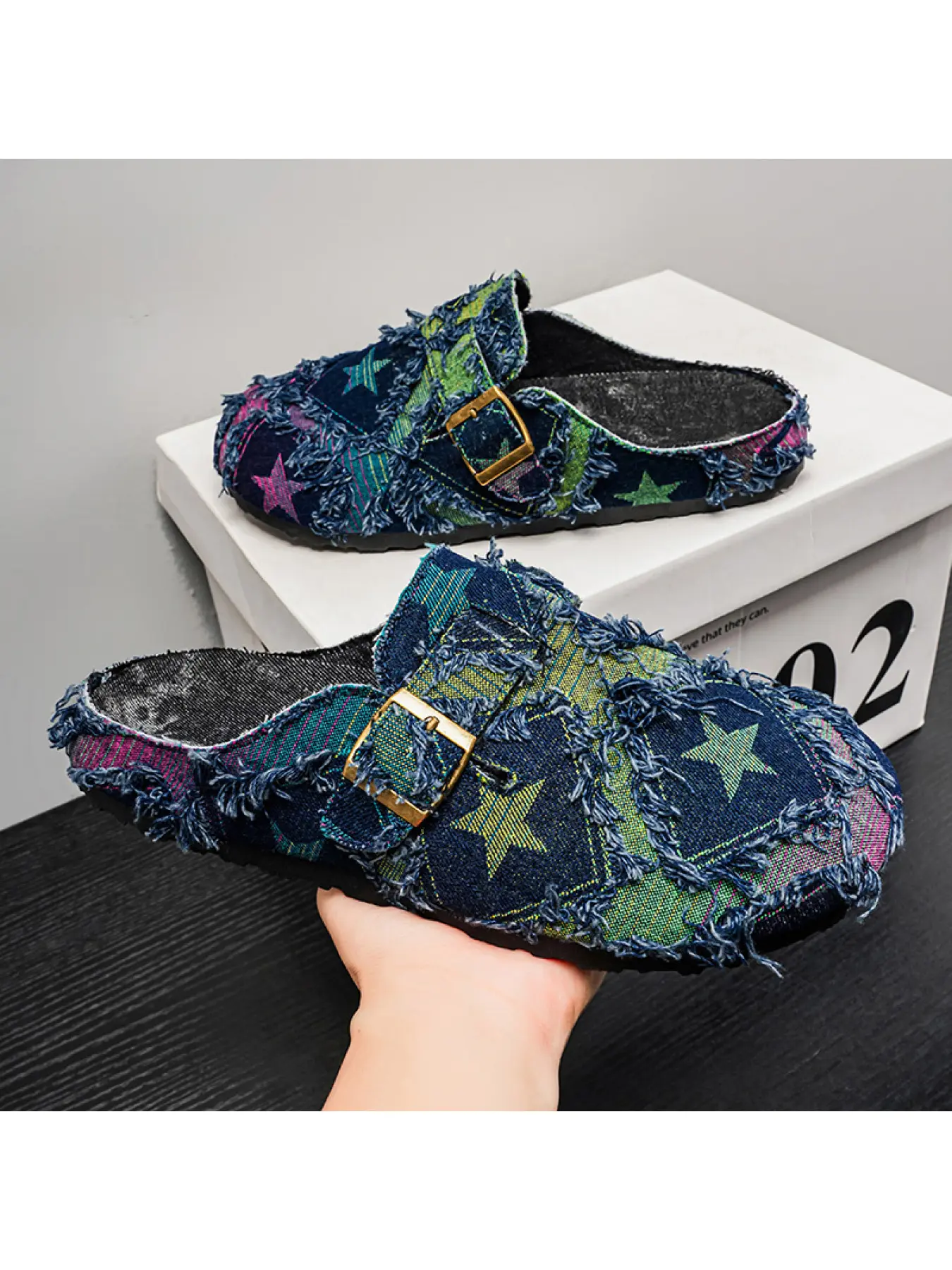Unisex Vintage Frayed Denim Mule Clogs, Color Star Patchwork Buckle Slip On Slides, Retro Non Slip Rubber Sole Casual Walking Footwear