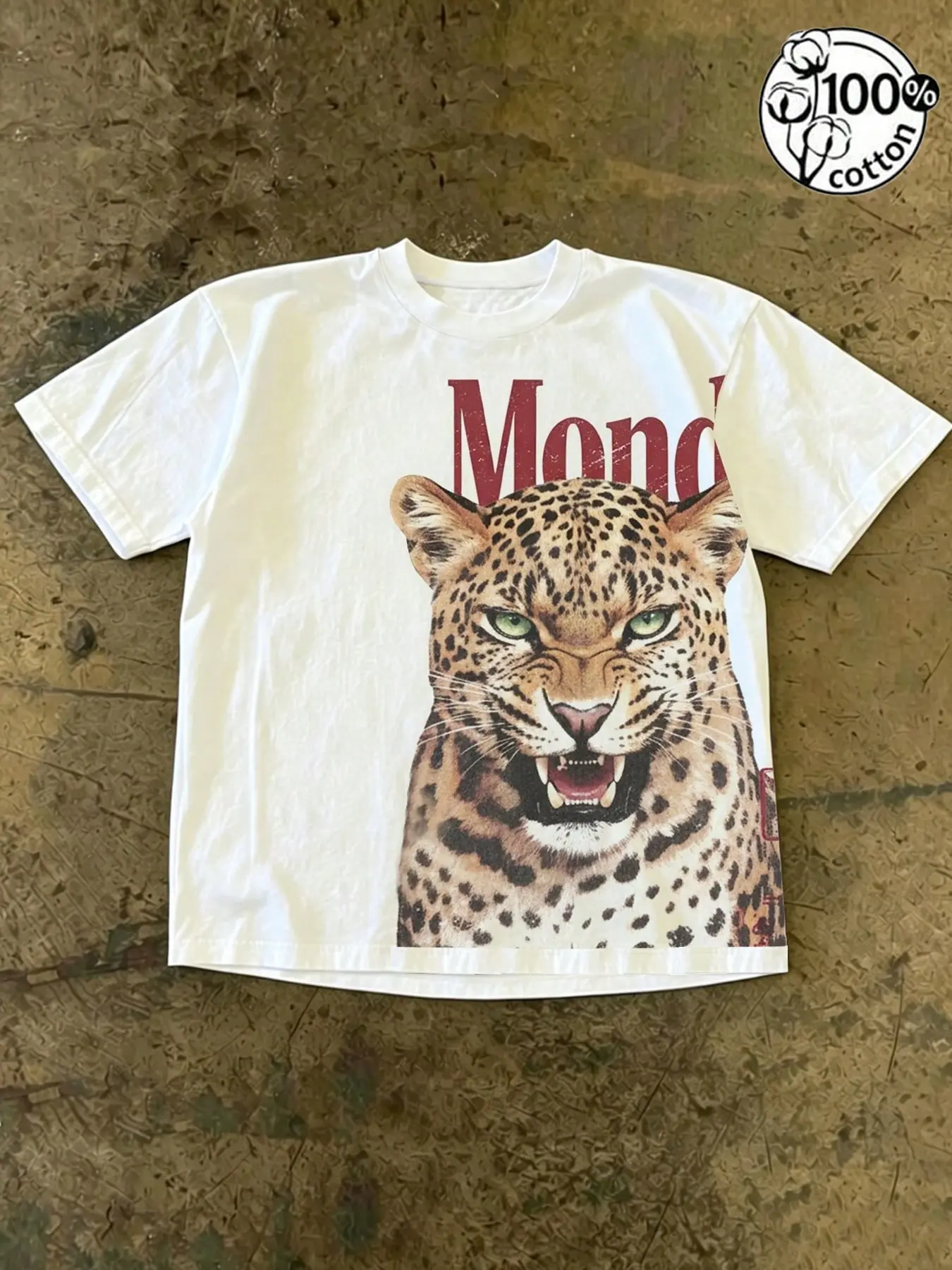 Men's & Women's 100% Cotton Drop Shoulder Short Sleeve T-Shirt, Retro Leopard Head Graphic, Bold Letters, Street Style, All Seasons