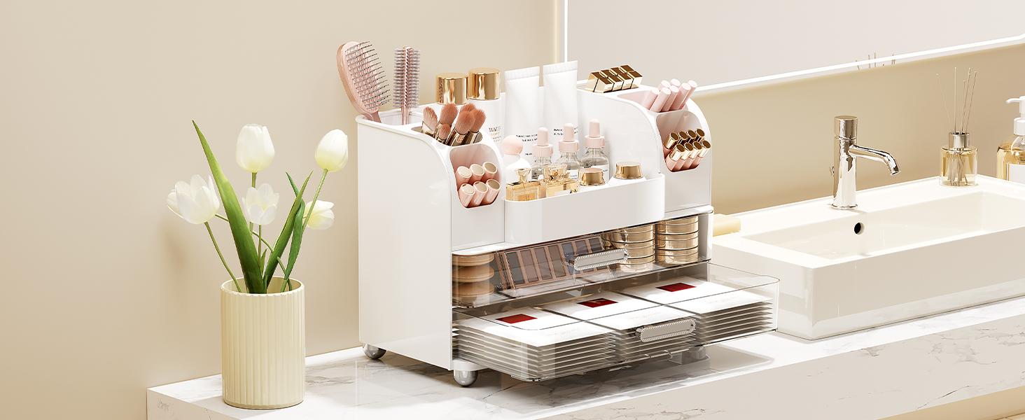 Makeup Organizer for Vanity with 2 Large Drawers, Cosmetic Display Case with Brush Holders, Easy to Storage for Bathroom Countertop Skincare, Perfume, Pink