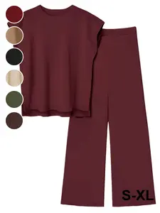 Women's Summer Casual Homewear Set, 2-Piece Fashion Plain Color Simple Shoulder Strap Round Neck Top and Straight Leg Pants