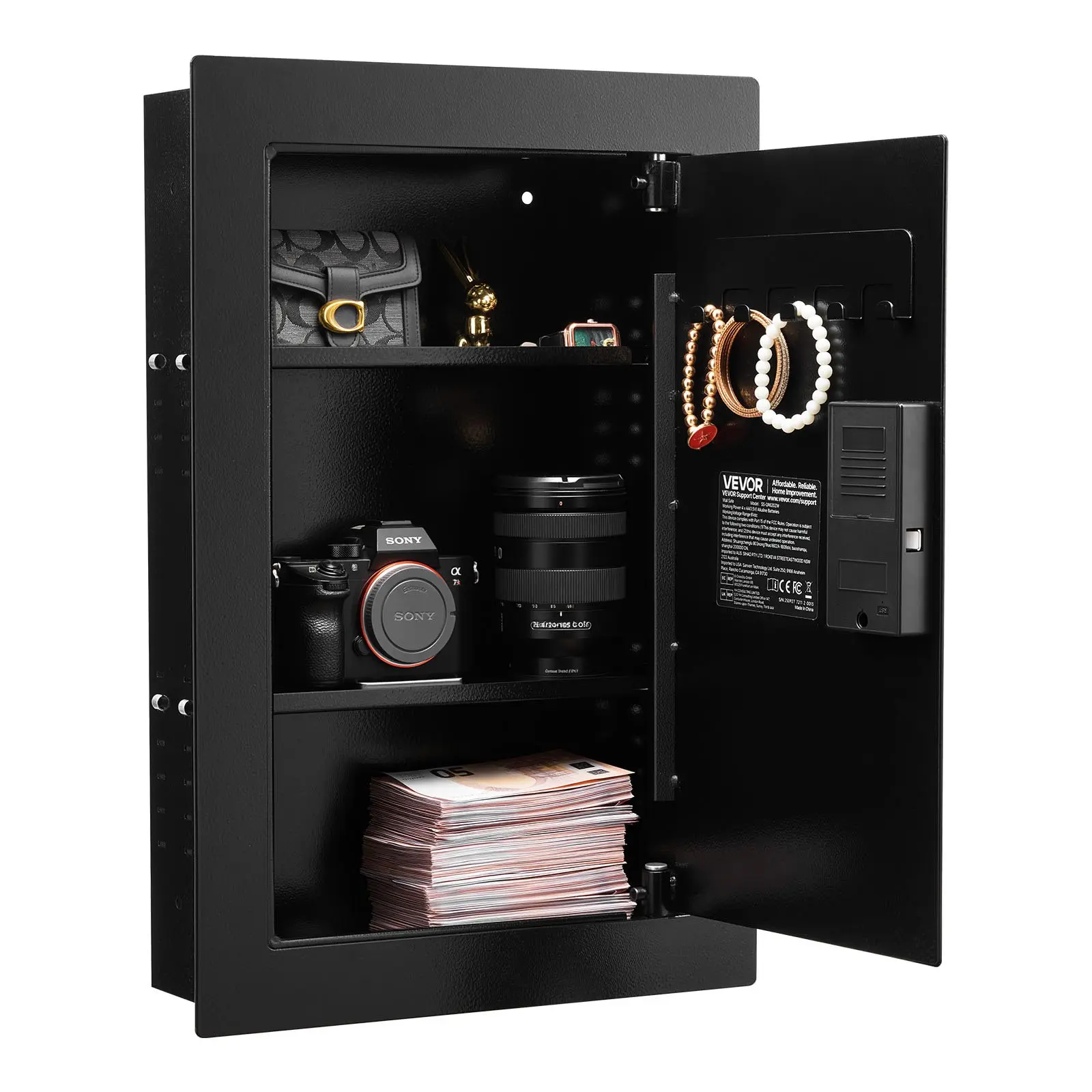 VEVOR Wall Safe, 3-Tier Hidden Wall Safe with Fingerprint, Password, Key & Turning Knob, Q235 Cold-Rolled Steel In-Wall Box with Adjustable Shelves & Key Holders for Money, Jewelry, Passport, Documen