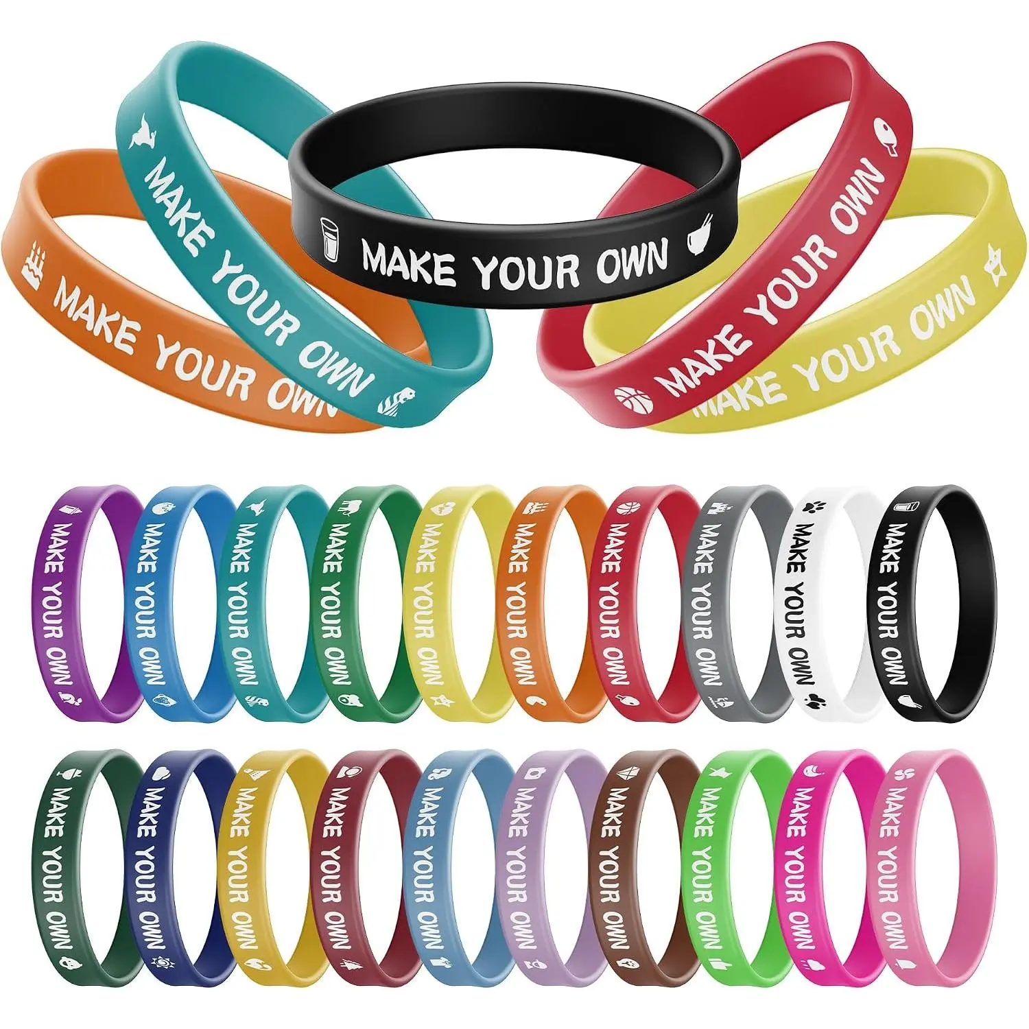 Custom  Wristbands Bulk 30/100/500/1000PCS with Picture Text, Clipart, Logo, Message, Personalized Rubber Bracelets for Motivation, Events, Gifts, Support, Fundraisers, Awareness