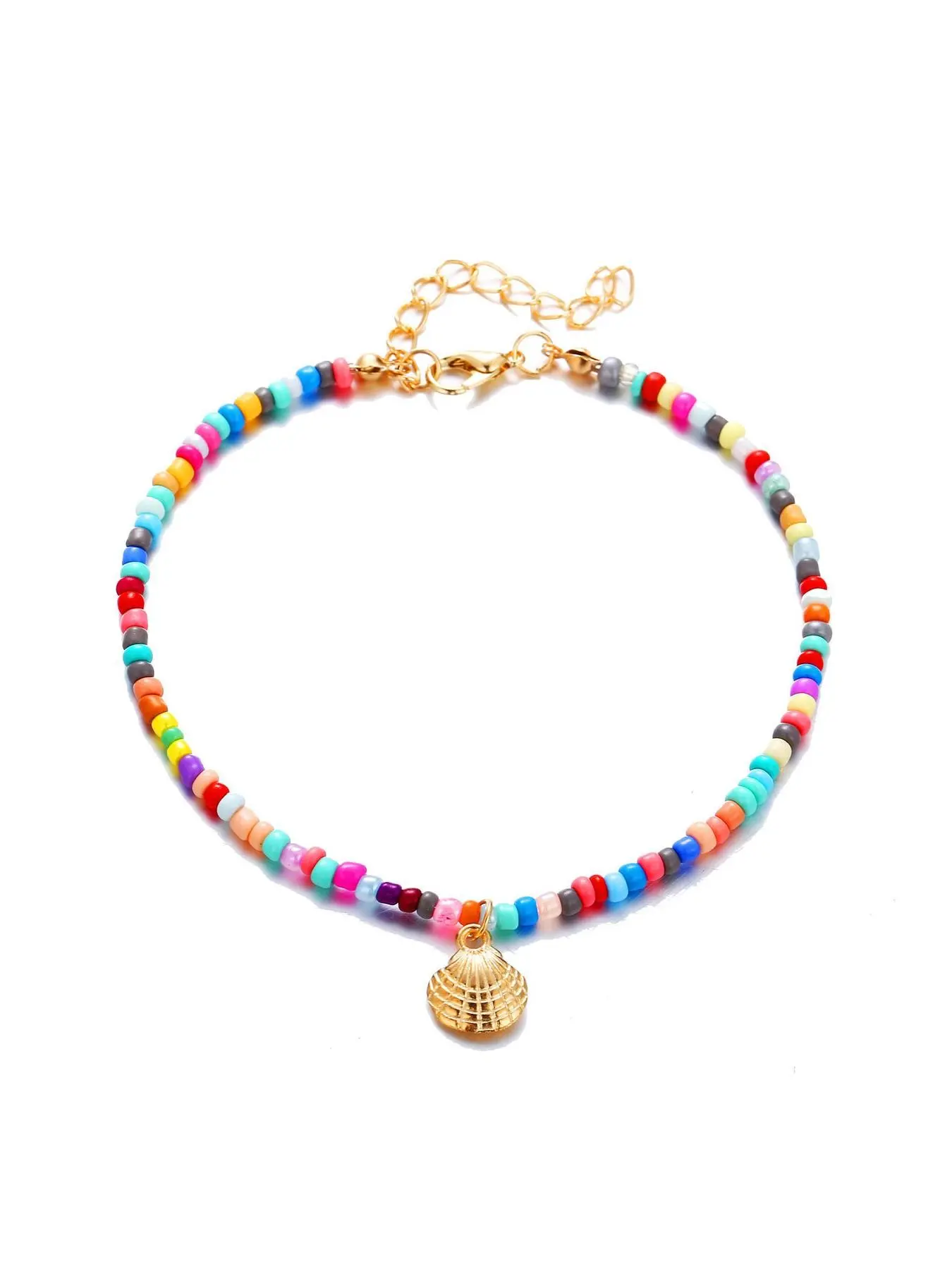 Boho Colorful Beaded Anklet with Shell Charm, Gold & Silver Two Tones, Adjustable Extension Chain, Summer Beach Foot Jewelry, Trendy Jewelry, Rainbow Seed Bead Ankle Bracelet for Women, Ideal Holiday Gift for Women & Teen Girls