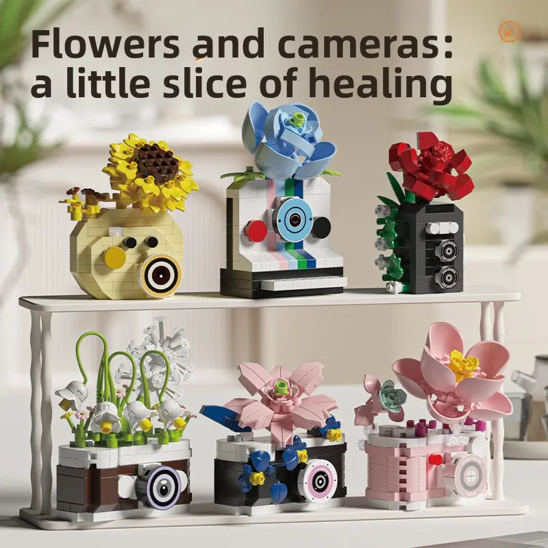 Retro Building Block Camera Toy – Vintage Flower Camera Model Kit, Educational Assembly Puzzle, Creative Birthday Gift for Kids
