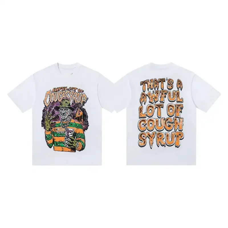 Women's Breathable Soft Ribbed Cotton Fabric Short-Sleeve Graphic Top - Bold Letter Mosaic, "That's an Awful Lot of Cough Syrup" Funny Statement, Playful Icon Motifs, Patchwork Typography, Hem Detail, Casual Streetwear for Trendy Daily Outfits, Tops